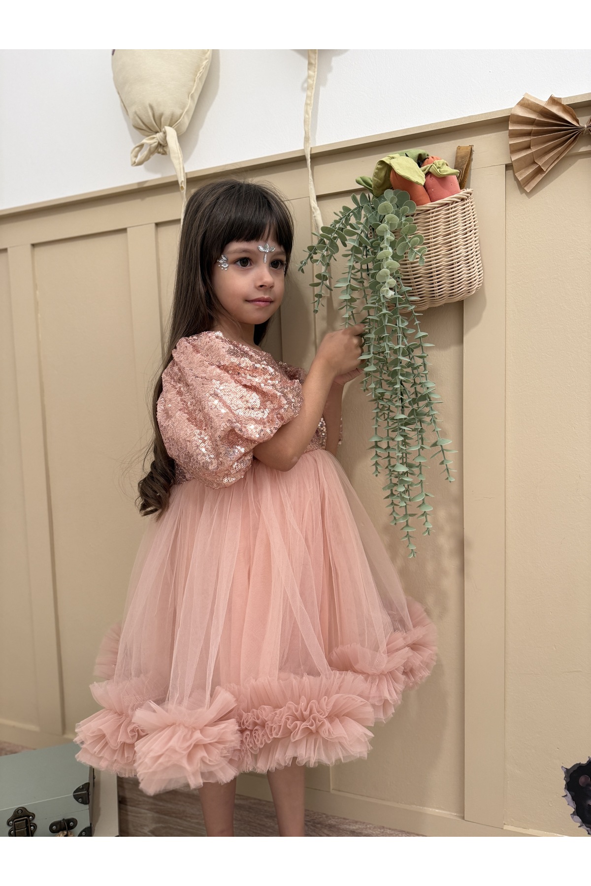 penu baby kids Pudra Payetli Balon Kol Grenli Tül Etekli Kız Çocuk Kız Bebek Abiye Elbise - Terra fotoğrafı 3 (önizleme)