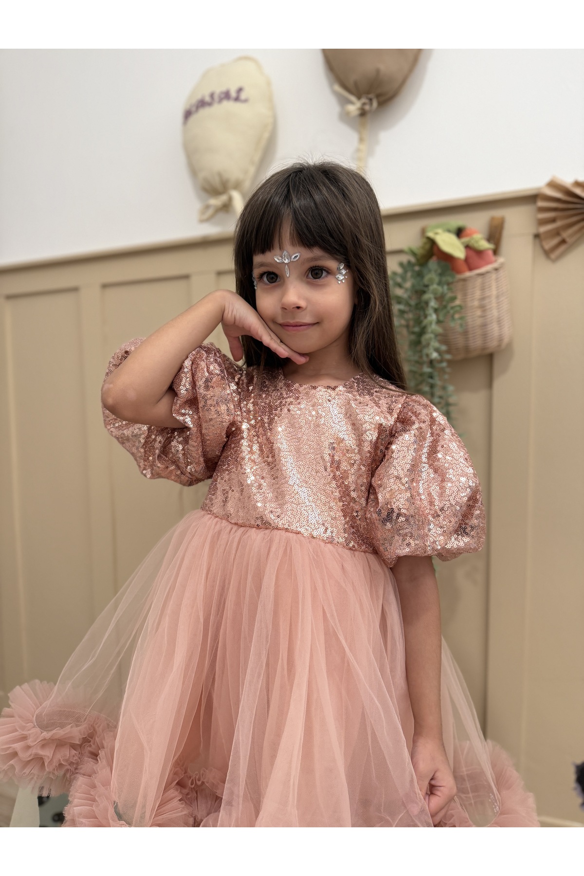 penu baby kids Pudra Payetli Balon Kol Grenli Tül Etekli Kız Çocuk Kız Bebek Abiye Elbise - Terra fotoğrafı 4 (önizleme)