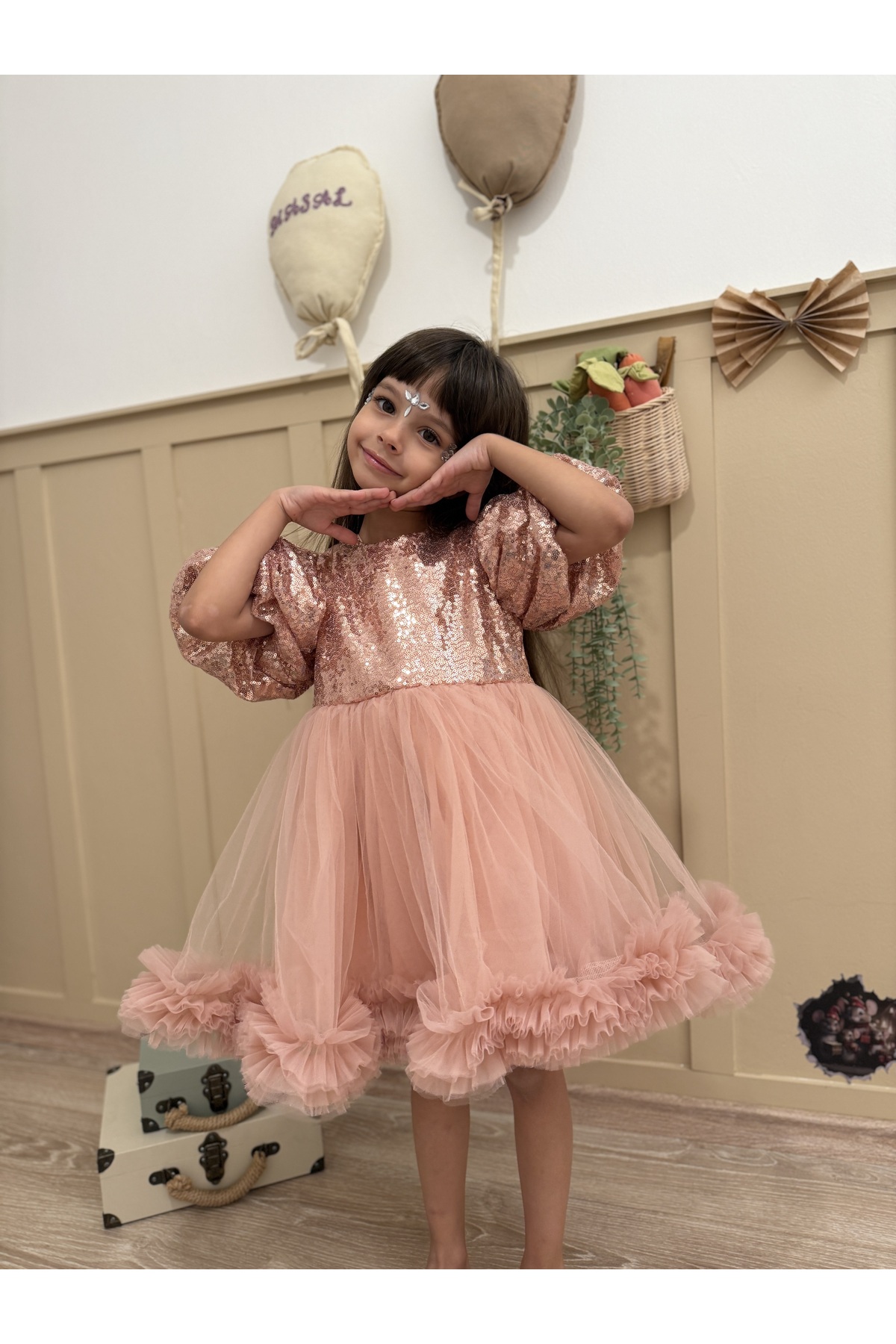 penu baby kids Pudra Payetli Balon Kol Grenli Tül Etekli Kız Çocuk Kız Bebek Abiye Elbise - Terra fotoğrafı 2 (önizleme)
