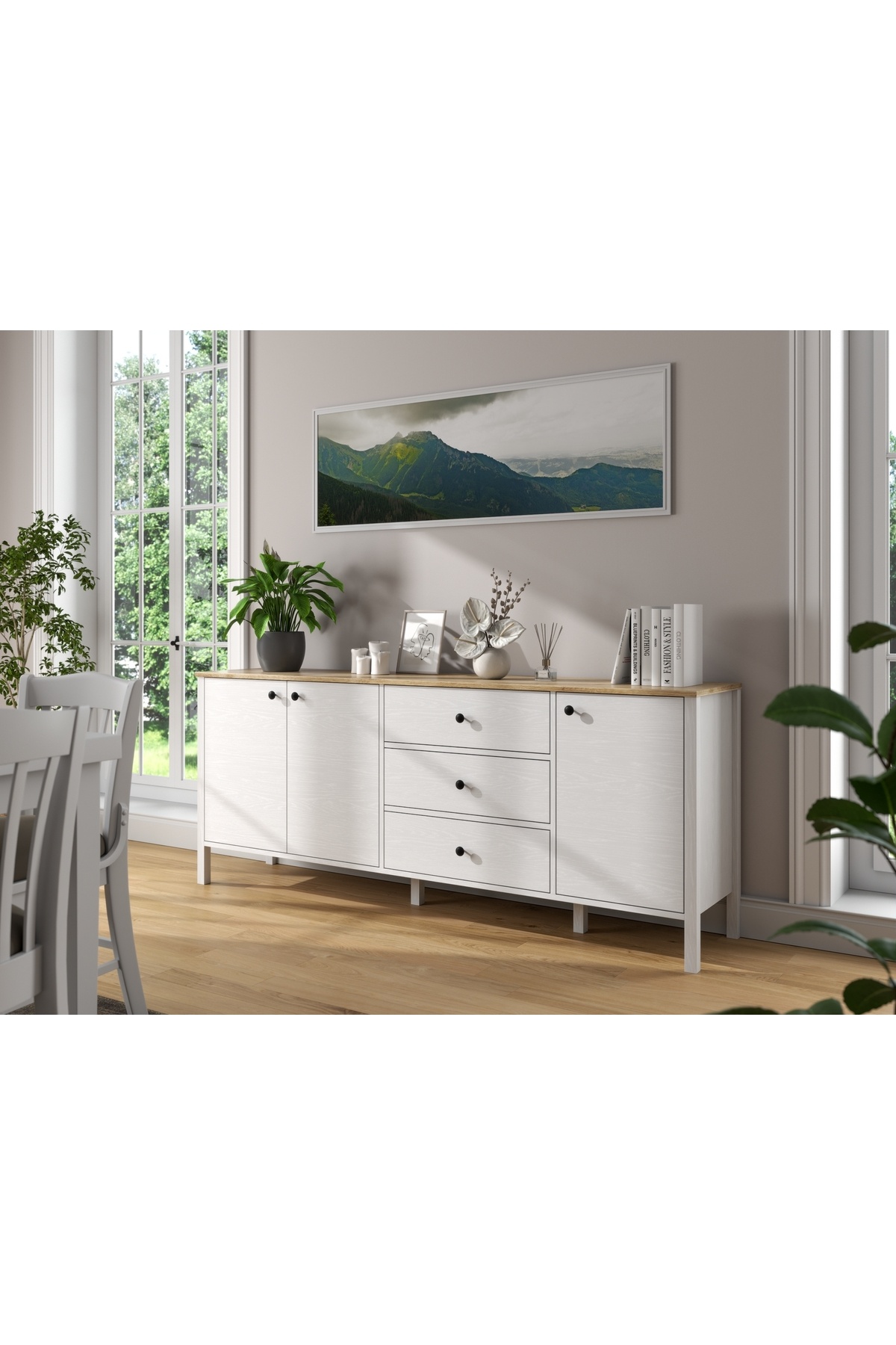 Sakura Ahşap Hunerika Lotus 3 kapak 3 çekmeceli Konsol-Wood Beyaz-Minifiks Bağlantılı