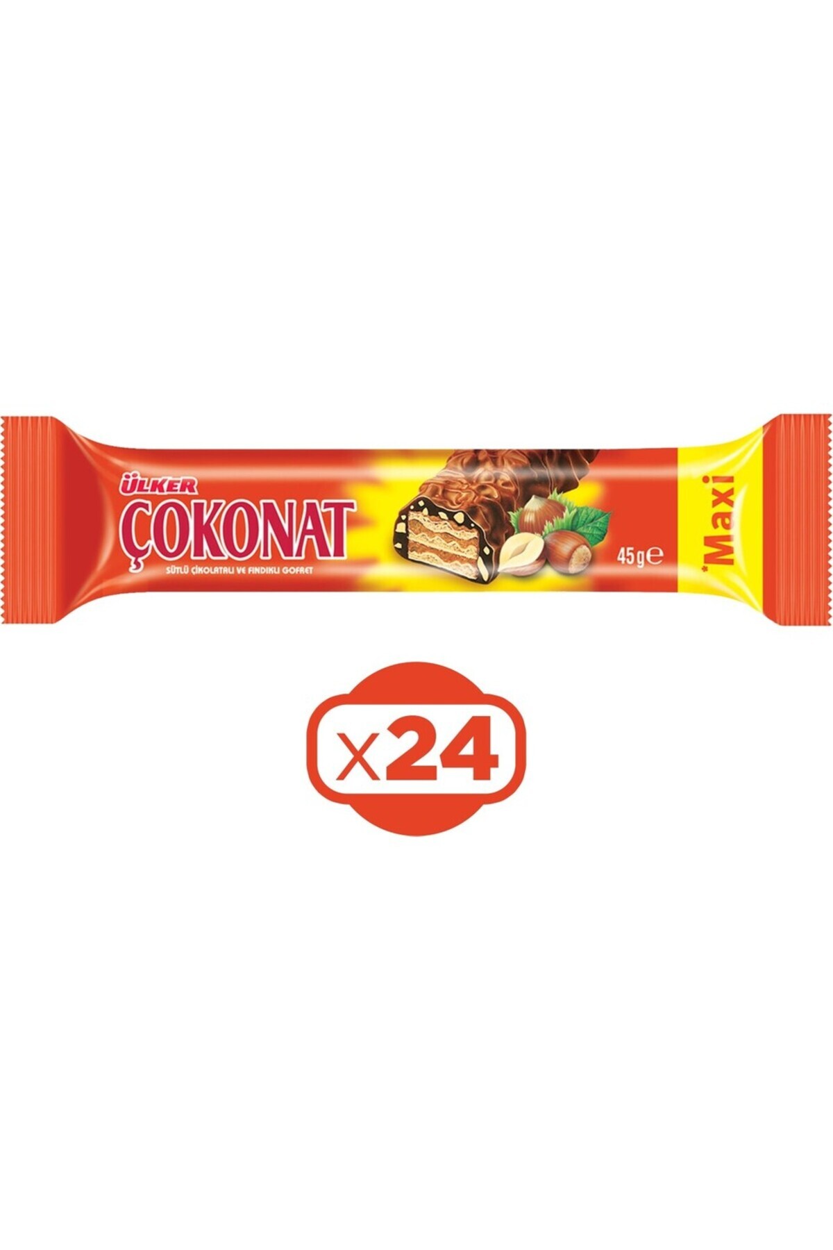 Ülker ÇOKONAT Maxi-Sütlü Çikolata ve Fındık Parçacığı Kaplamalı Fındıklı Kremalı Gofret-45 gram-24 Adet