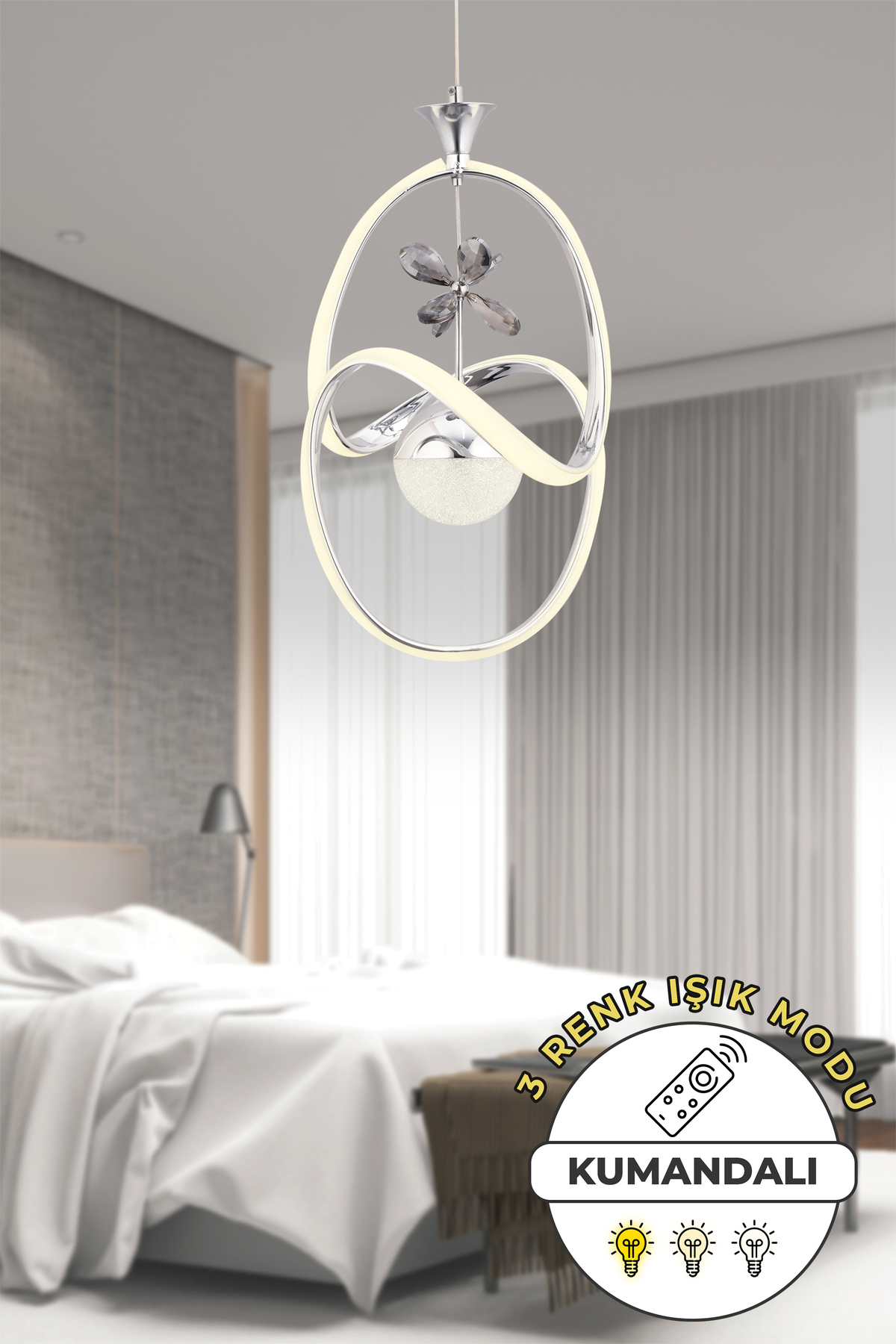 Lumenia Krom Modern Sarkıt Avize 3 Renk Işık Salon Mutfak Yatak