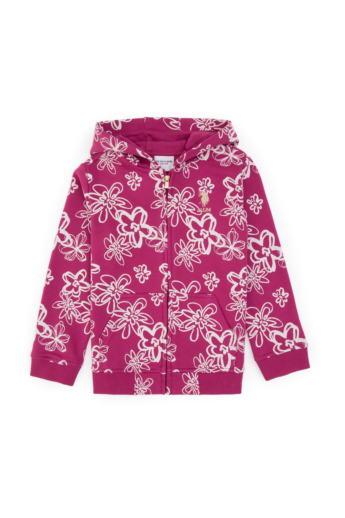 یو اس پولو سویشرت دخترانه گلدار کلاه دار صورتی زیپ دار 50317959-VR041 یو اس پولو سویشرت دخترانه گلدار کلاه دار صورتی زیپ دار 50317959-VR041