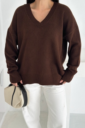 kulisgiyim Kadın Kahverengi V Yaka Standart Beden Oversize Basic Triko Kazak