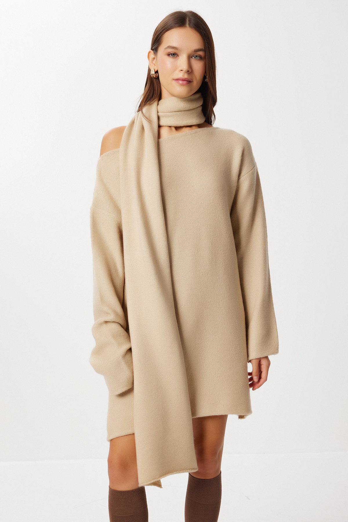 Lovelyİstanbul  Atkı Detaylı Triko Kazak LKİ0052 BEJ - Görsel 4