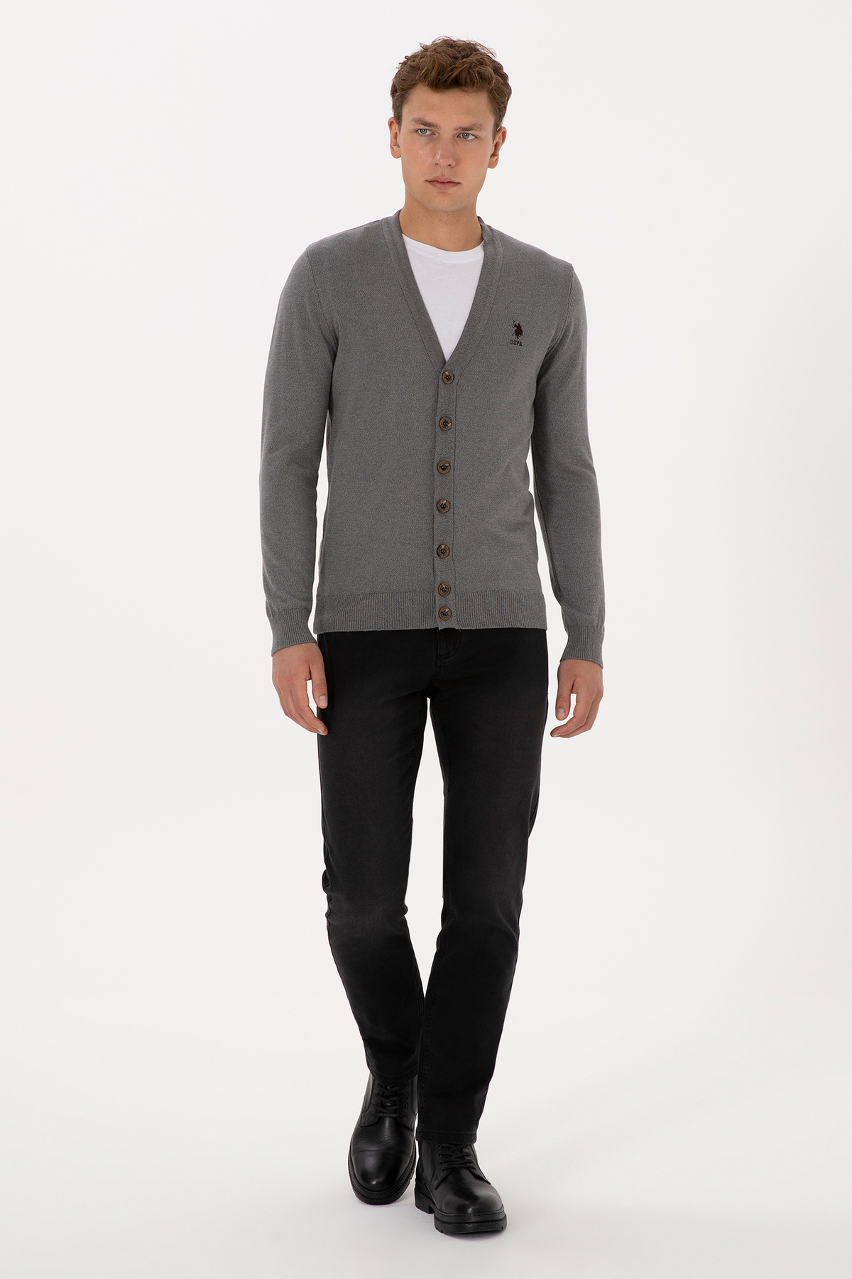 U.S. Polo Assn.  Erkek Gri Melanj Basic Triko Hırka 50313702-VR086 - Görsel 4