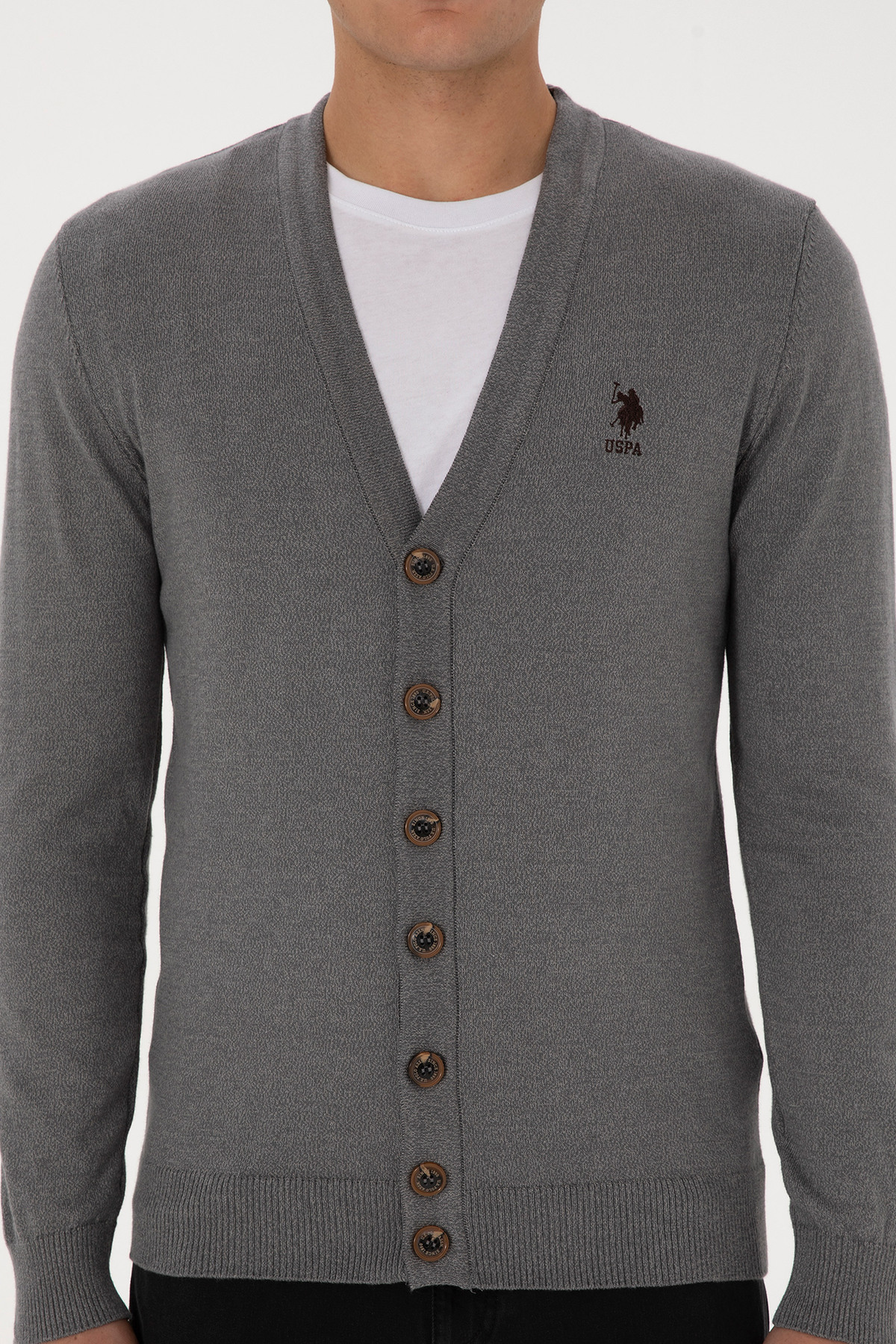 U.S. Polo Assn.  Erkek Gri Melanj Basic Triko Hırka 50313702-VR086 - Görsel 6