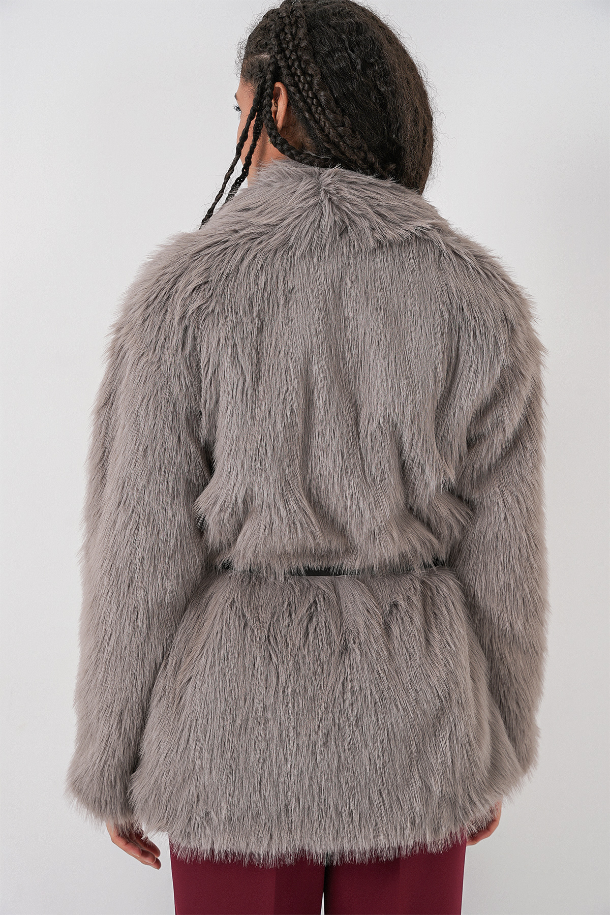 Bigdart  Kadın Kemerli Oversize Kürklü Kaban 9156 - Füme - Görsel 6