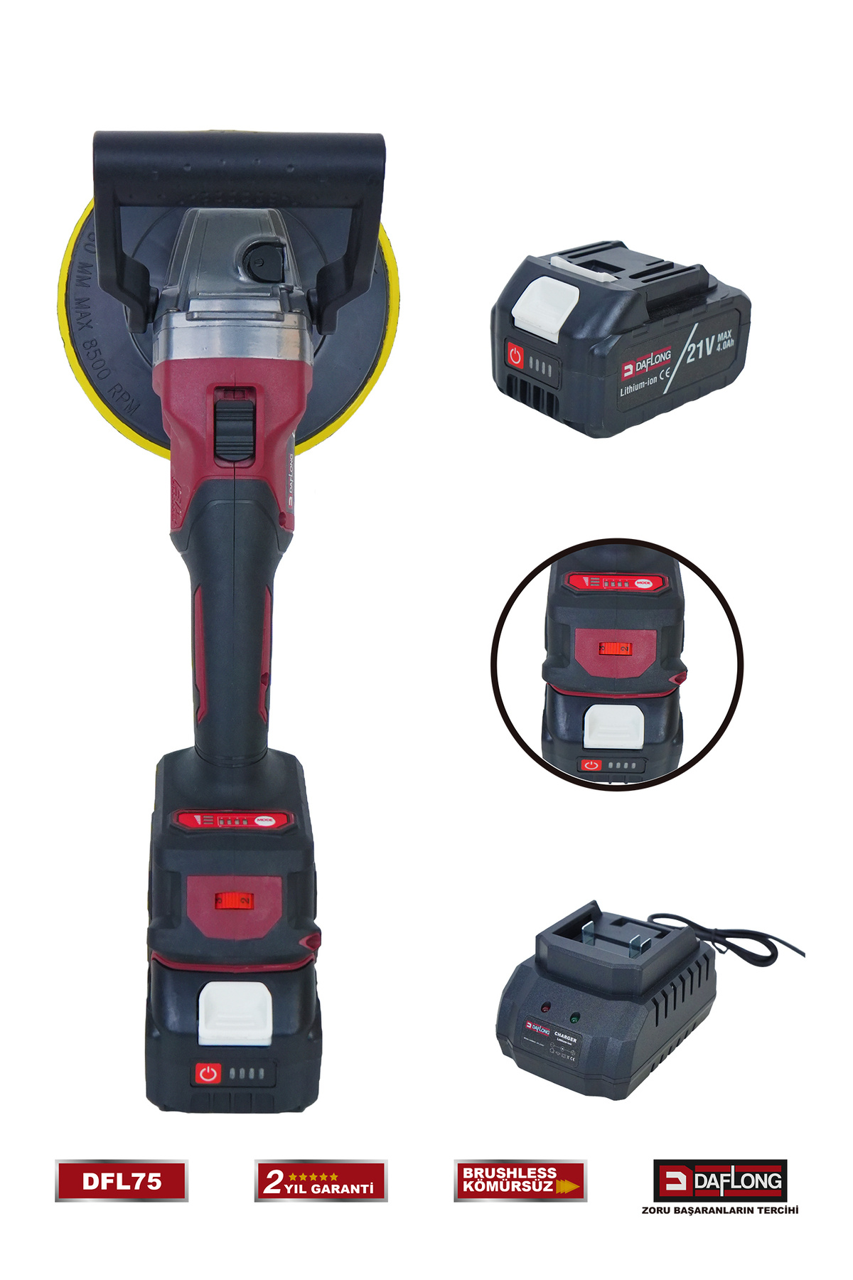 DAFLONG PRO 180MM ŞARJLI KOMÜRSÜZ 6 KADEME DEVİR AYARLI PASTA CİLA POLİSAJ MAKİNASI+SPİRAL DFL-75