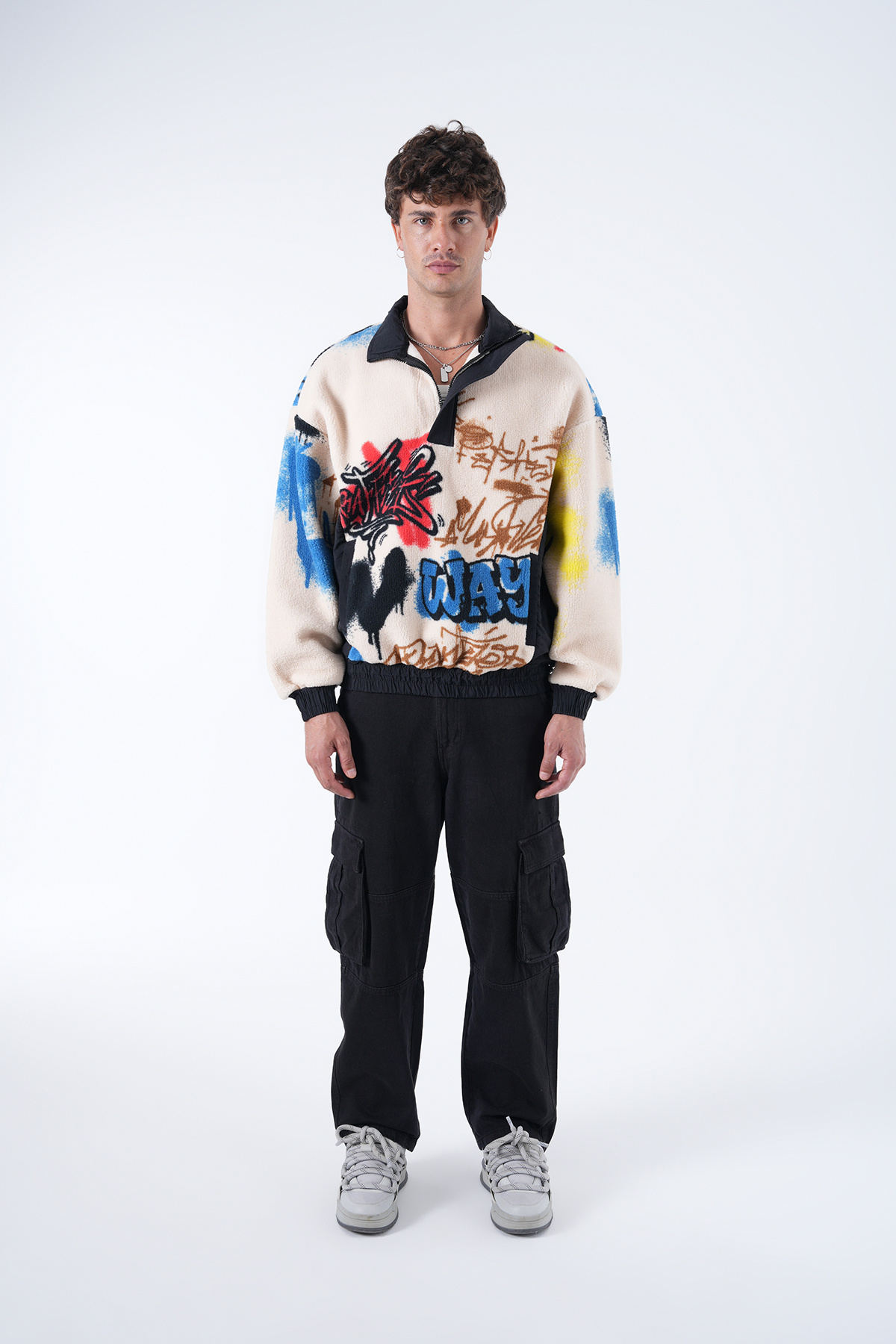 2512 Clothing Grafiti Desen Yarım Fermuarlı Polar Ceket