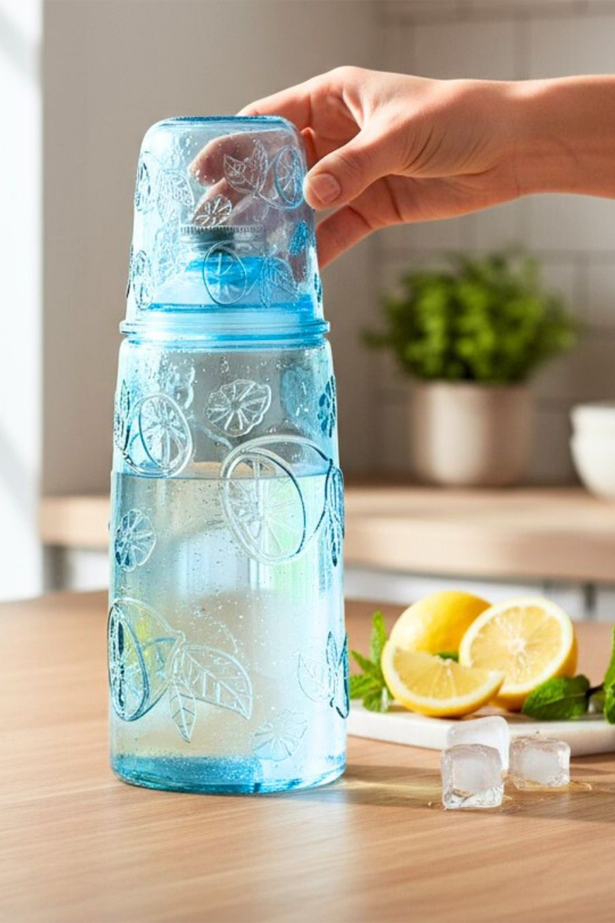 Home Lemora Cam Başucu Sürahisi 1200 ml Desenli Kapaklı Su Şişesi