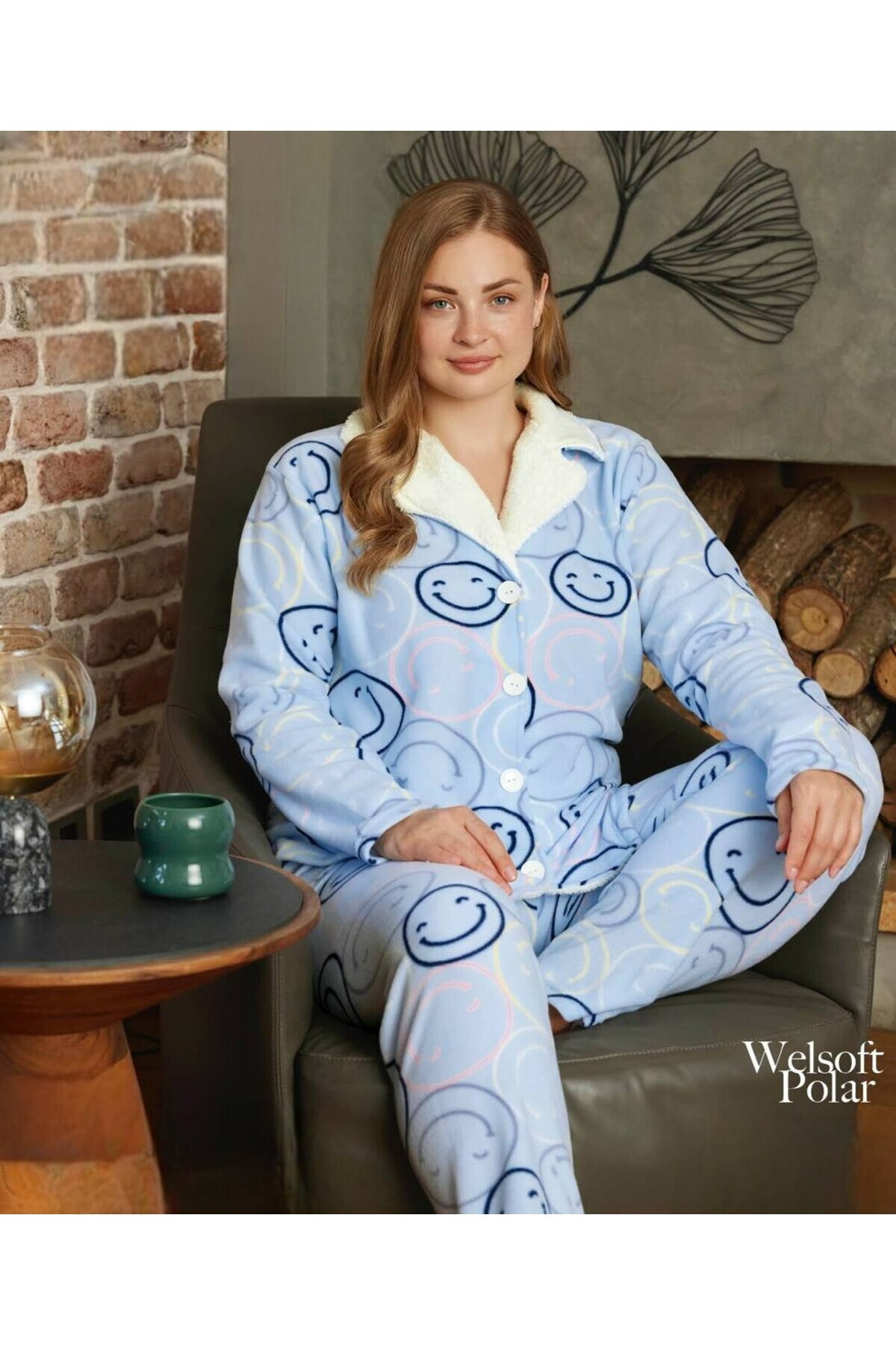 Hirazenmoda Kadın Battal Beden Welsoft Polar Düğmeli Pijama Takımı – Yumuşak Dokulu Kışlık Peluş Kumaş Ev Giyimi