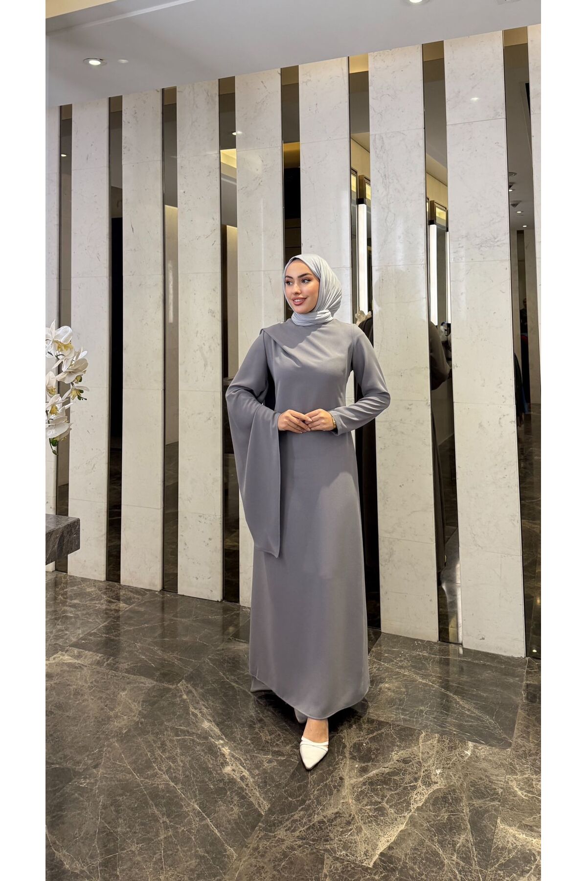 Tail Detailed Draped Modest Evening Dress