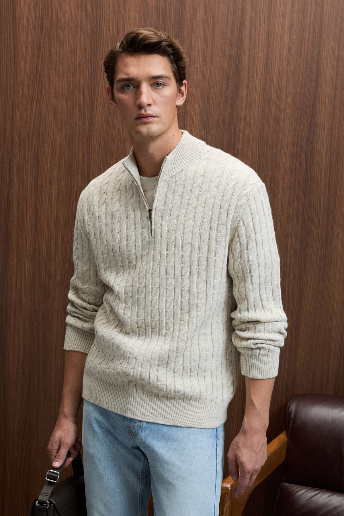 GRIMELANGE IVAR Erkek Yarım Fermuarlı Dik Yakalı Saç Örgü Desenli Triko Taş Rengi Kazak