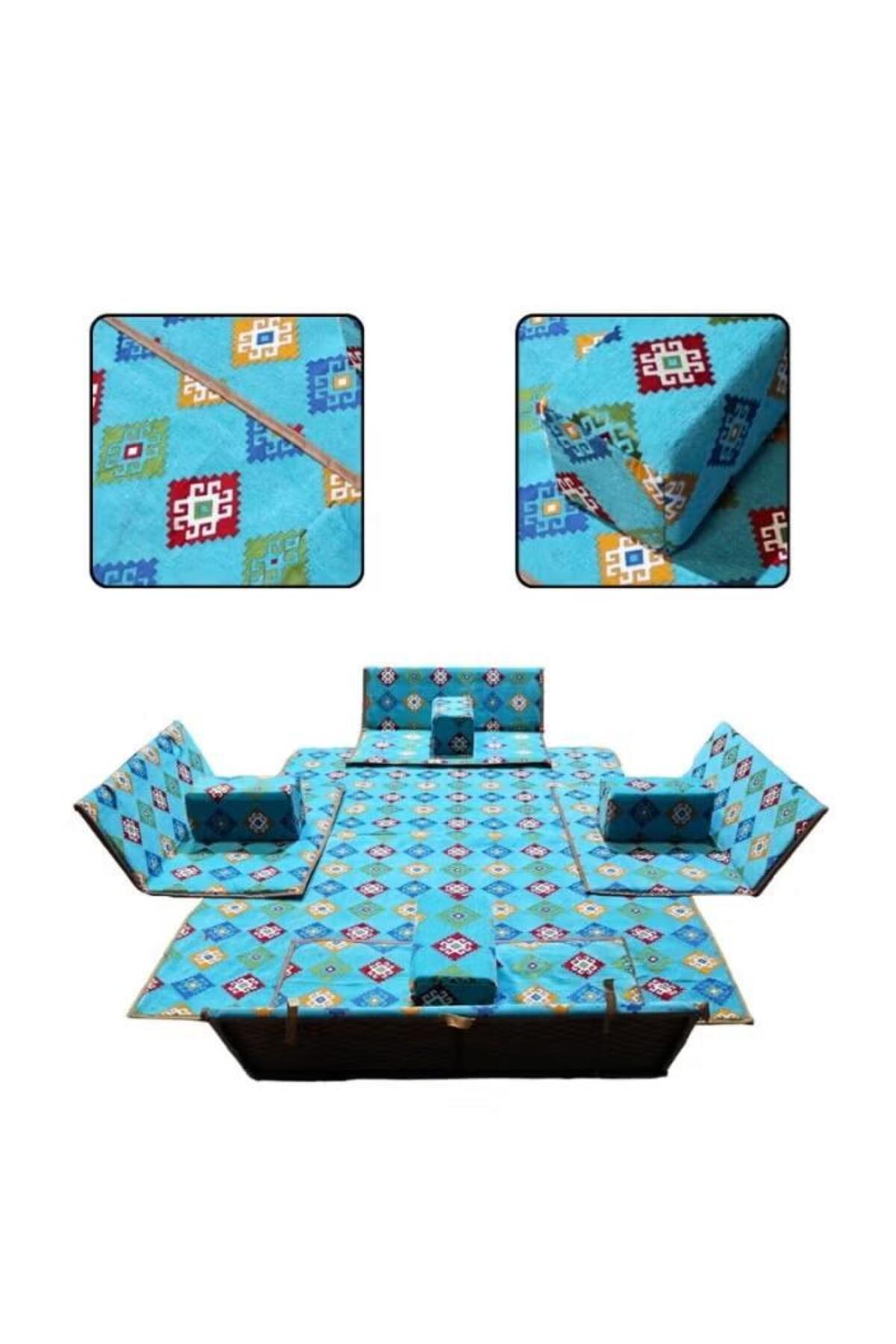 طقم جلسة أرضية 9 قطع: فرشة 300×200 سم،4 كراسي أرضية لشخصين و4 مراكي مريحة، تصميم عربي تراثي