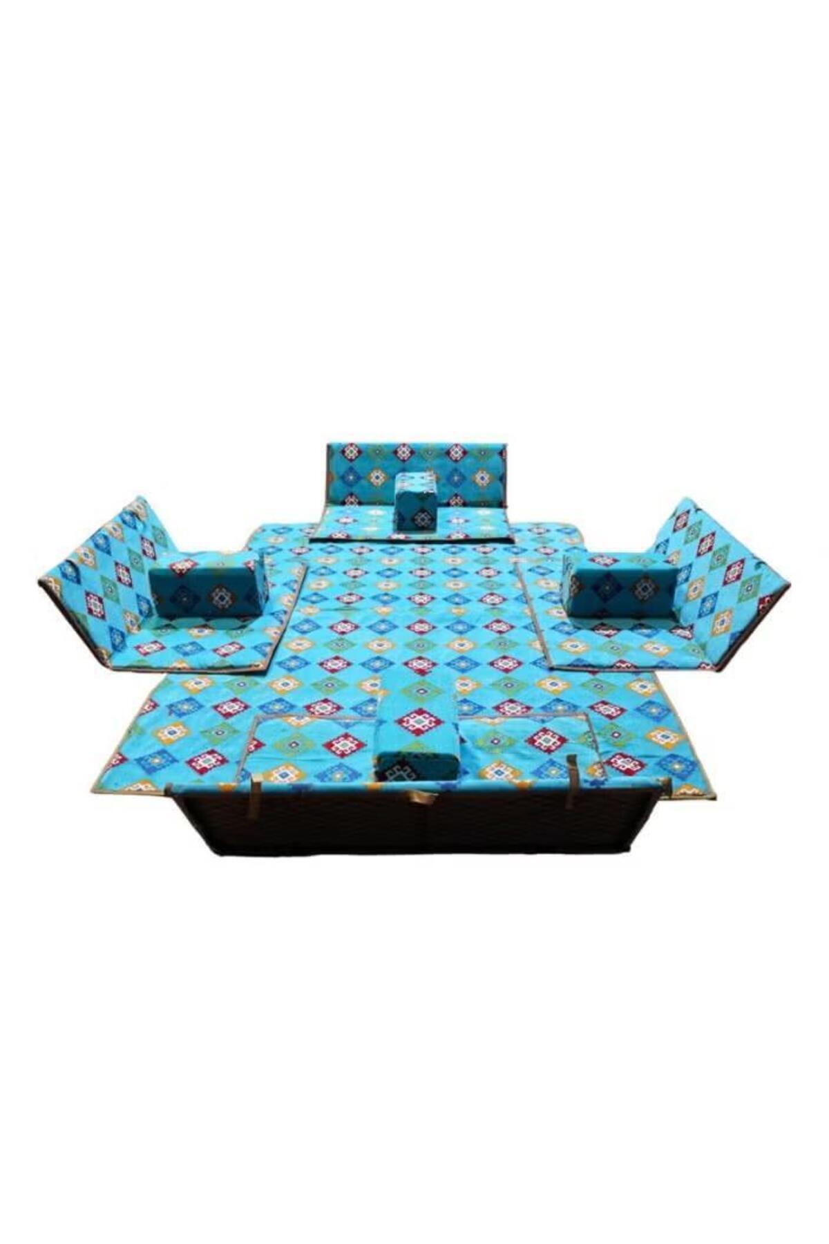 طقم جلسة أرضية 9 قطع: فرشة 300×200 سم،4 كراسي أرضية لشخصين و4 مراكي مريحة، تصميم عربي تراثي