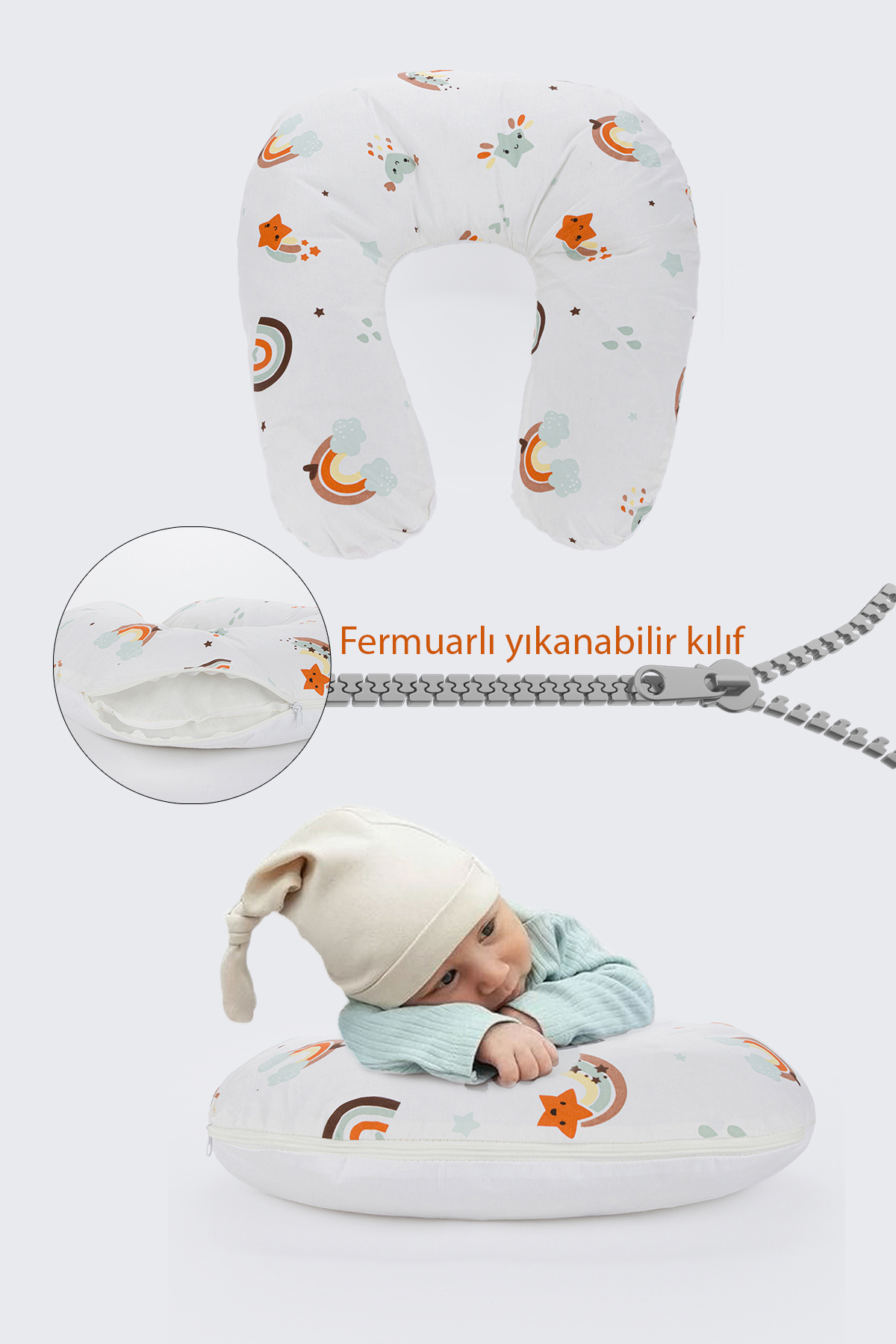 Disanuva Ergonomik Destekli Bebek Emzirme Yastığı Anne Minderi Çok Amaçlı Mama Yastığı Fermuarlı Yıkanabilir