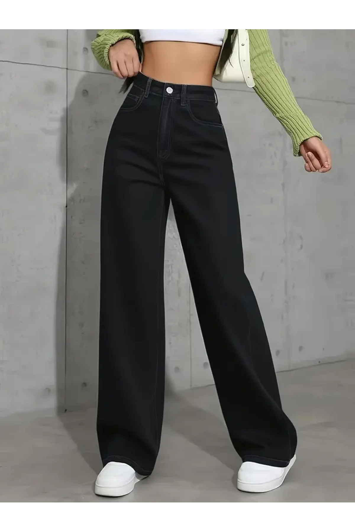 WODDİ  Adel Kadın Jeans 90's Wide Leg Siyah Süper Yüksek Bel Salaş Jean Palazzo Kot Pantolon - Görsel 2