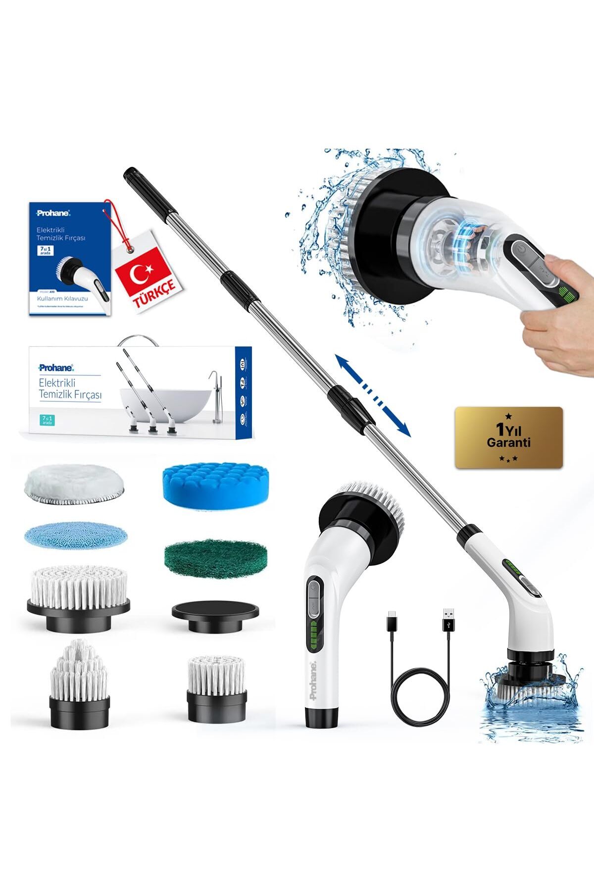 Delixa Elektrikli Temizlik Fırçası, Şarjlı Temizlik Fırçası 7 Adet Farklı Başlık ile, Mutfak ve Banyolarda