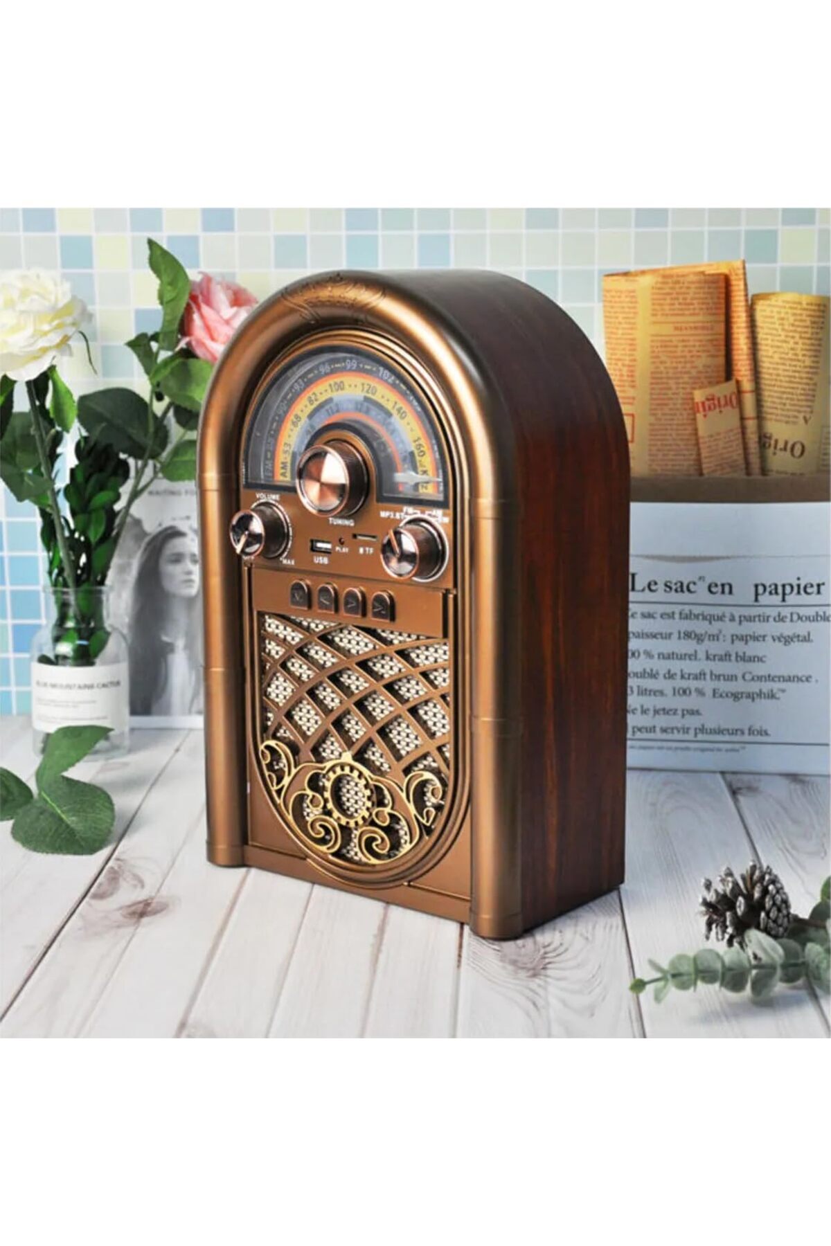 Hepta Collection Radyo Taşınabilir Bluetooth Speaker Ve Hoparlör Ahşap Kaplama Klasik Antika Tarzı İç ve Dış Mekan Mu