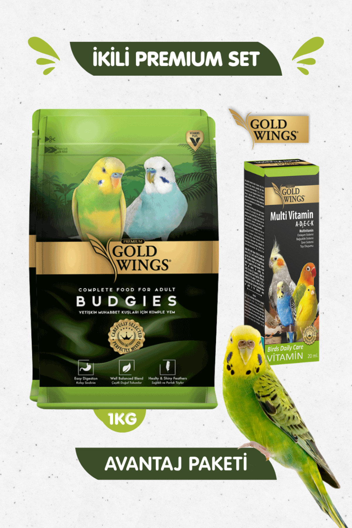 Gold Wings 2li Set - Premium Muhabbet Kuşu Yemi 1 Kg + Muhabbet Kuşu Multivitamin Tüy Oluşum Desteği 20ml