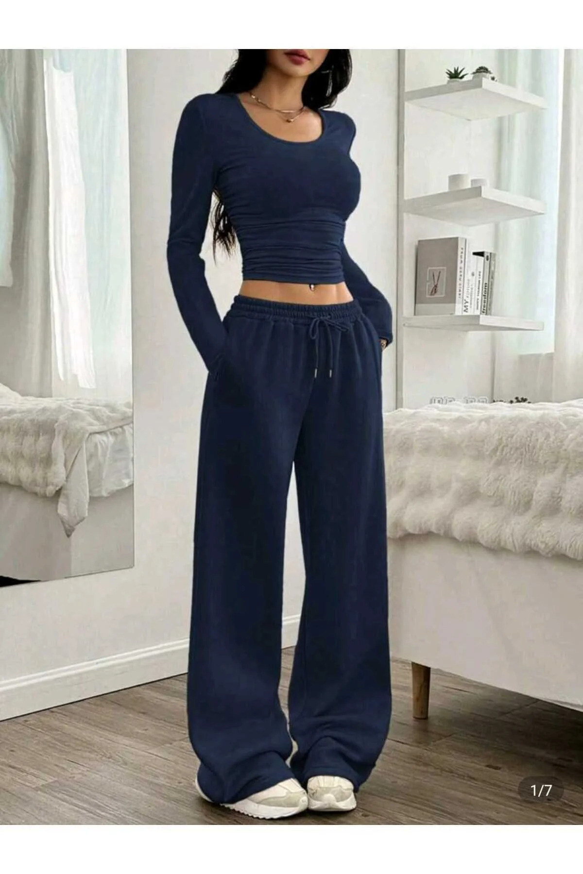 yx yustex sport  Şardonlu Kışlık Kadın 3 Adet Siyah + Gri+Lacivert Eşofman Altı Bol Paça Baggy Büyük Beden Cepli Aya - Görsel 6