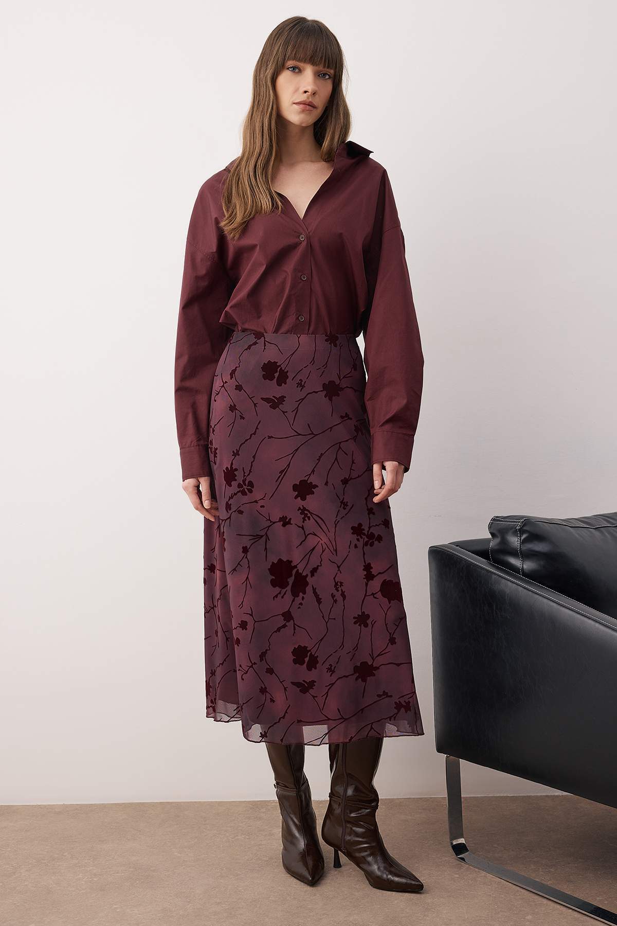 Trendyolmilla  Mürdüm Flok Baskılı Kalem Maxi/Uzun Tül Esnek Örme Etek TWOAW26ET00146 - Görsel 2