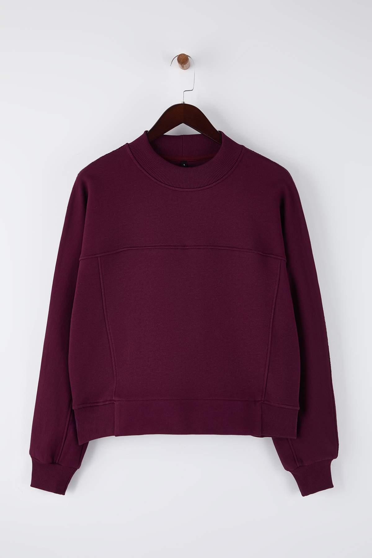 Trendyolmilla  Mürdüm Oversize/Geniş Kalıp Dik Yaka Kalın İçi Polarlı Örme Sweatshirt TWOAW26SW00205 - Görsel 5