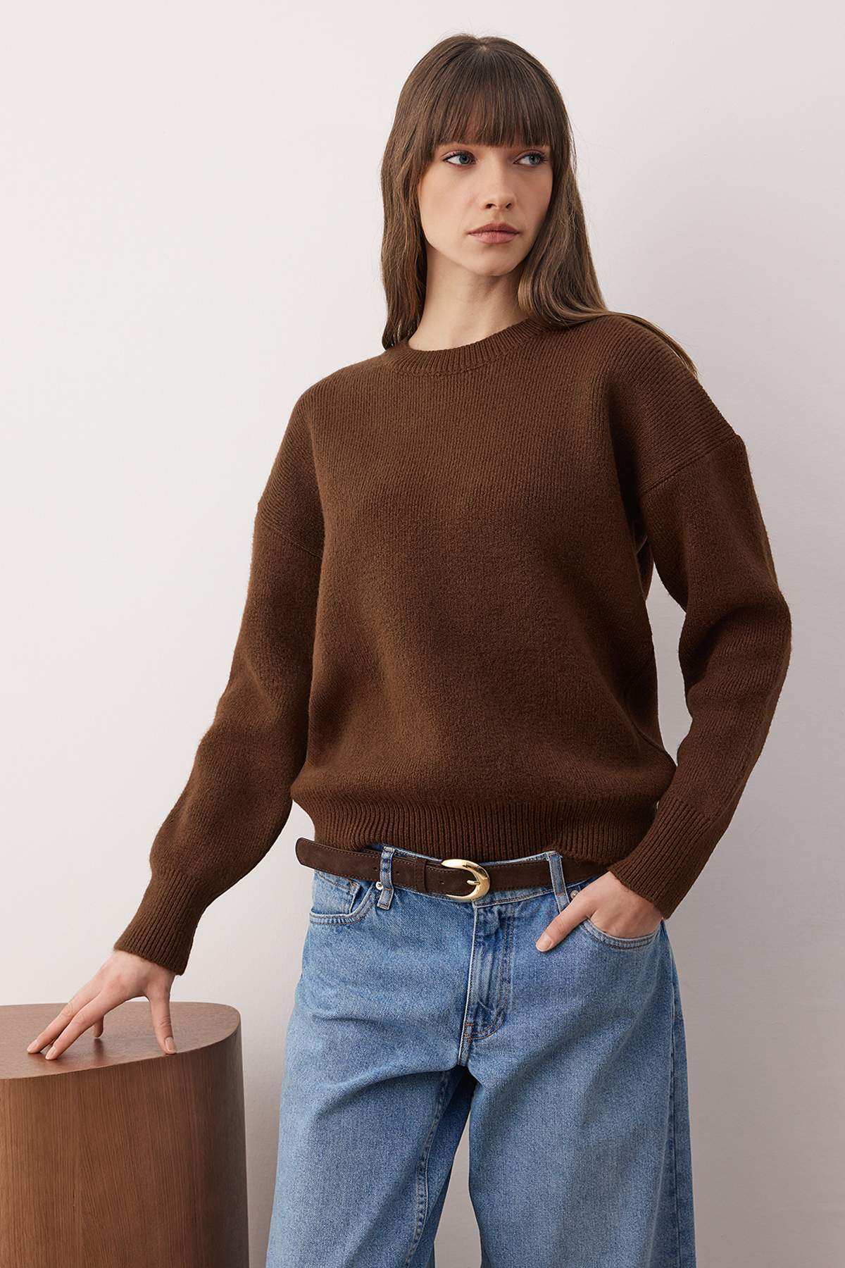 Trendyolmilla  Wardrobe Essentials Kahverengi Yünlü Premium İplik Basic Geniş Kalıp Triko Kazak | TWOAW26KZ00065