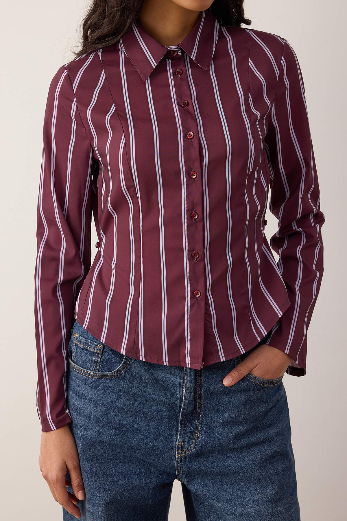 Trendyolmilla  Bordo-Çok Renkli Çizgili Belden Ayarlanabilir Hafif Bele Oturan Kolları Geniş Gömlek TWOAW26GO00013 - Görsel 3