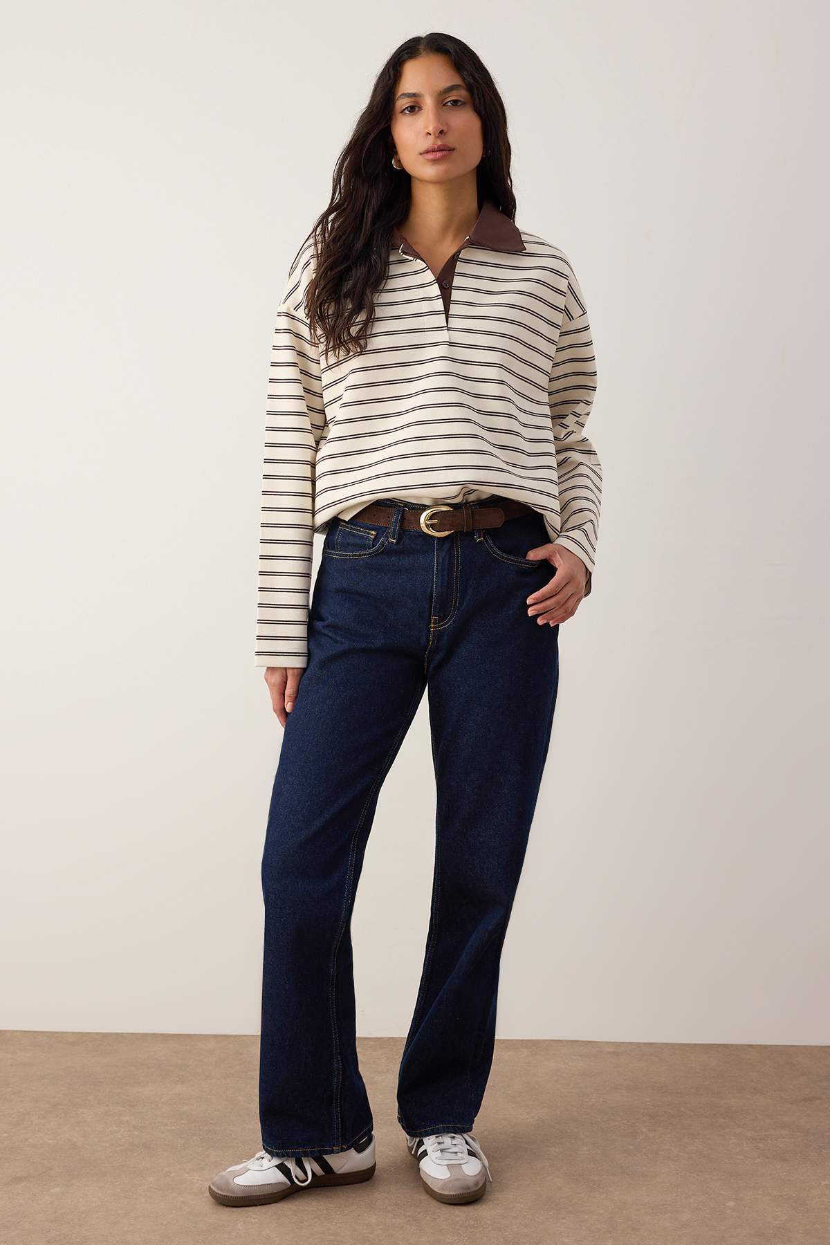 Trendyolmilla  Kahverengi Çizgili More Sustainable Dokuma Yakalı Oversize Örme T-shirt/Sweatshirt TWOAW26TS00004 - Görsel 2