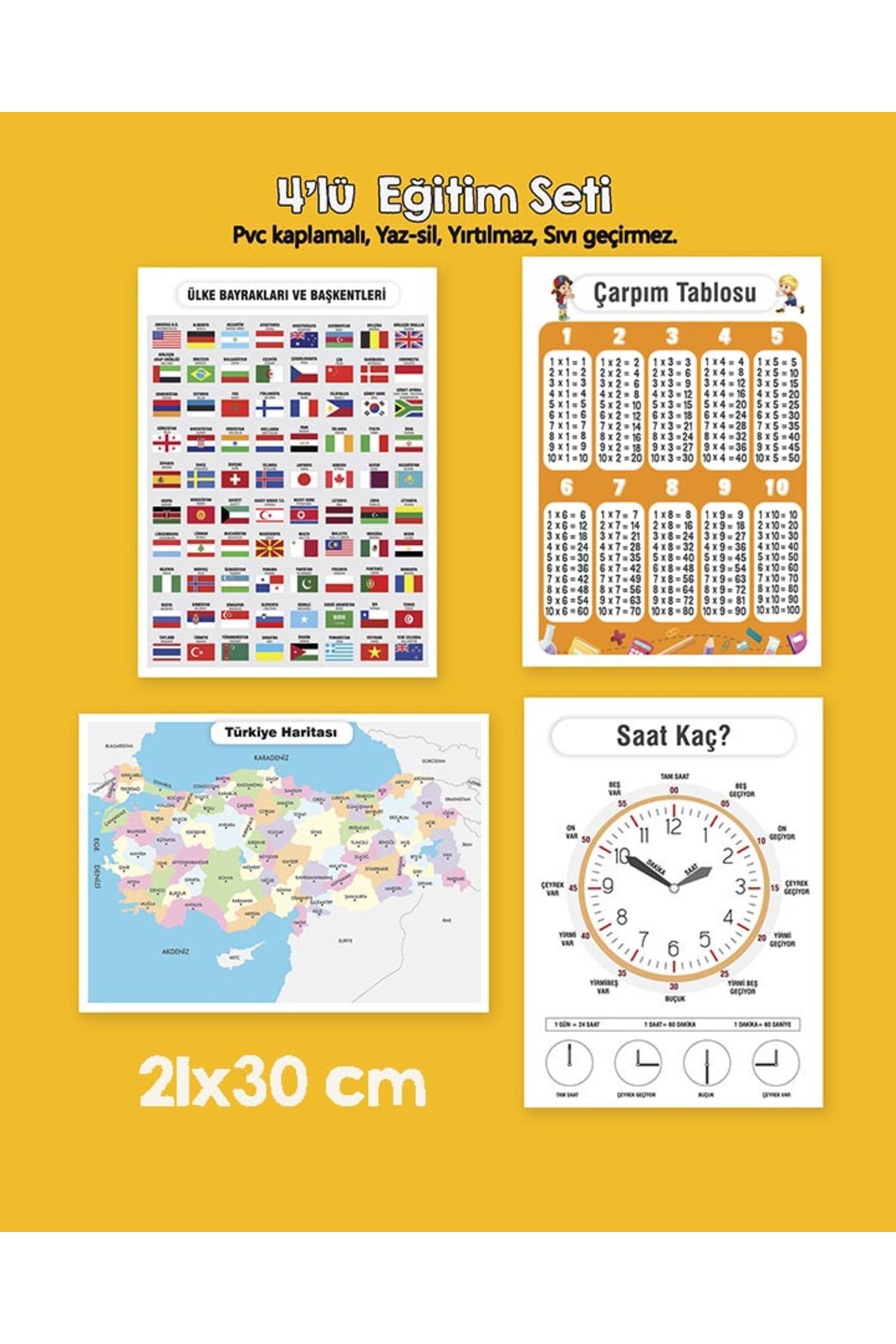 Ayışığı Dizayn Okul Dönemi Eğitim Seti Çarpım Tablosu-Türkiye Haritası-Ülkeler-Saatler 4'lü Pvc Poster 21x30 Cm