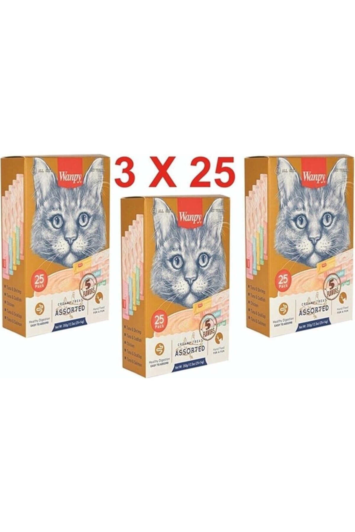 Wanpy 3 Paket Creamy Karışık Krema Sıvı Kedi Ödül Maması 75 Adet