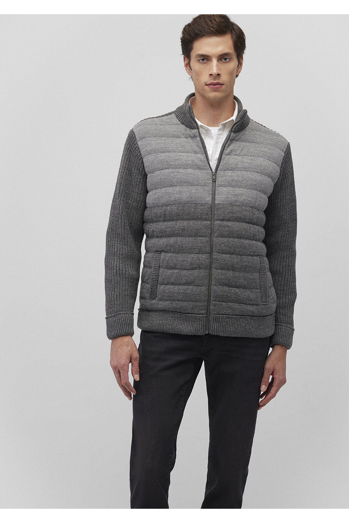 Mavi Fermuarlı Gri Triko Hırka Slim Fit / Dar Kesim 070804-34686