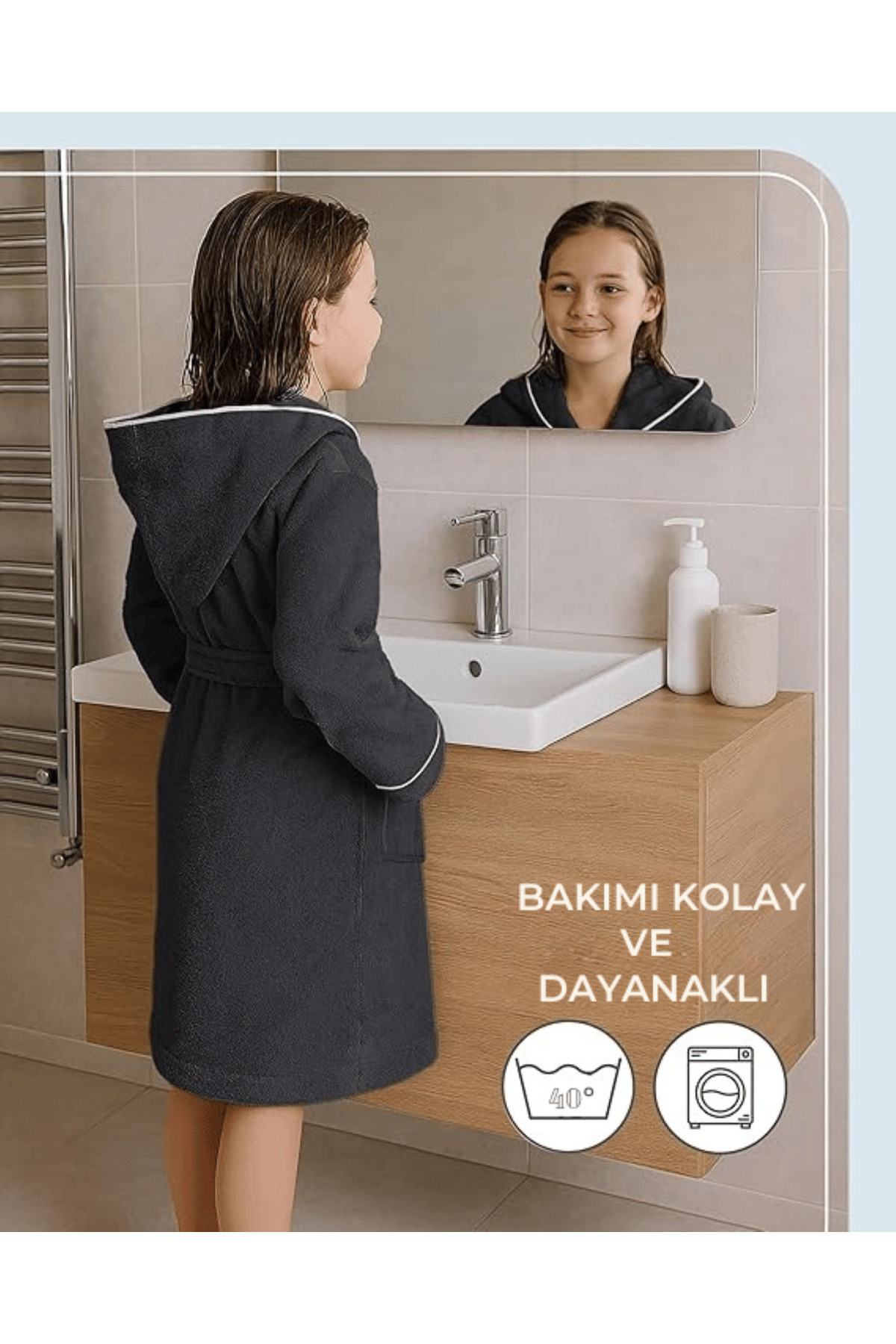 Layvera Kız-Erkek Çocuk Bornozu %100 Pamuk | Kapüşonlu – Cepli – Yumuşak – Biyeli – Antrasit fotoğrafı 5 (önizleme)