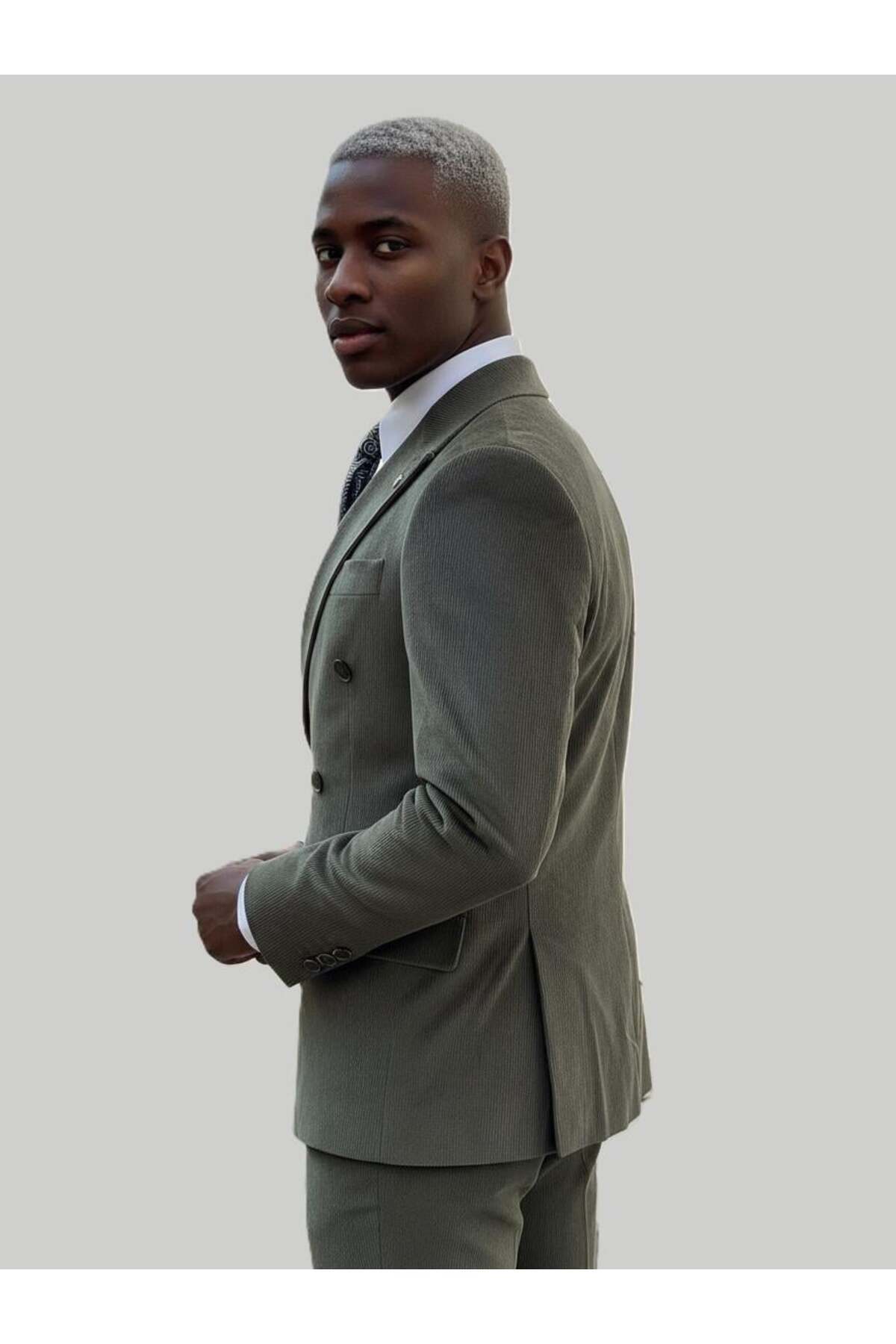 HERMOSE Haki Kruvaze Kadife Takım Elbise