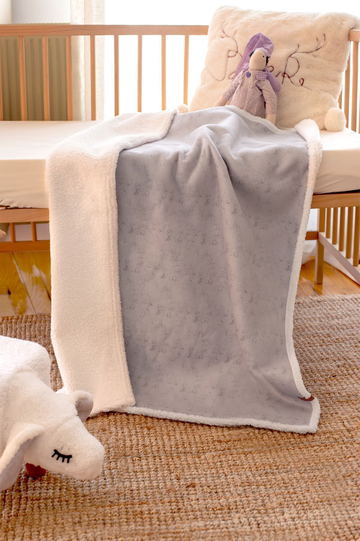 HAMUR Fluffy Bebek Battaniyesi 80x100 Solid Gri Kundak Puset Çift Taraflı Koyun Tüyü Battaniye 100x80 fotoğrafı 3 (önizleme)