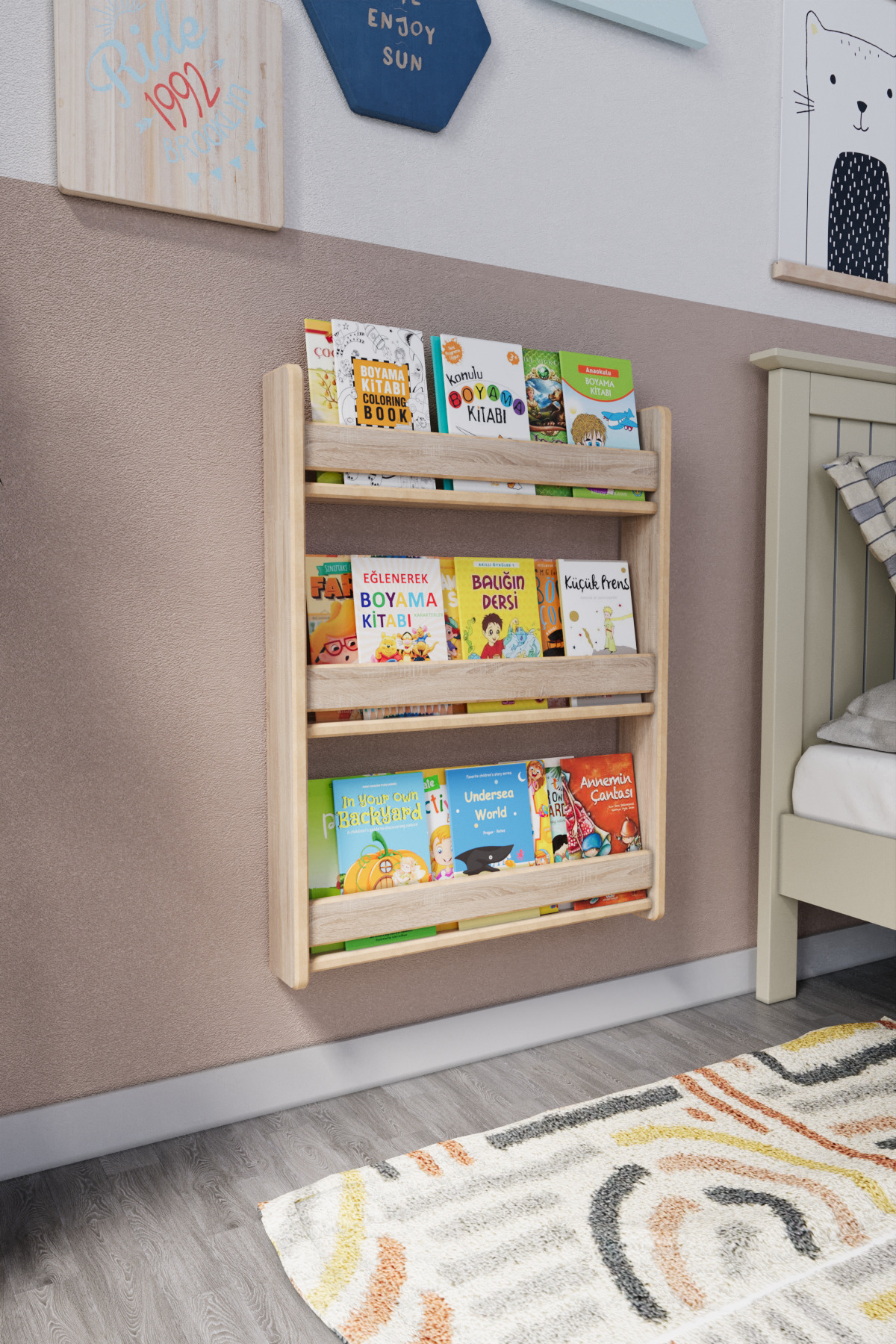 zeo wood design Montessori 3 Raflı Çocuk Kitaplığı 80x60 Cm - Sonoma