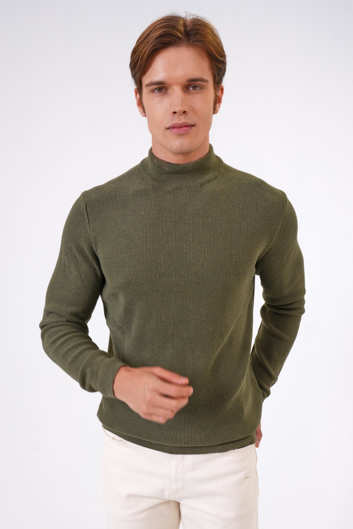 Haki Regular Fit Pamuklu Yarım Balıkçı Yaka Triko Kazak — خاکی B33W40060-139 — تصویر 2 از 5