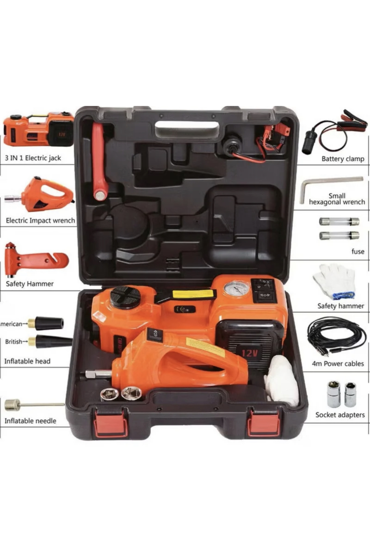 رافعة سيارة كهربائية 4 في 1 مع منفاخ هواء ومفتاح ربط ومطرقة أمان