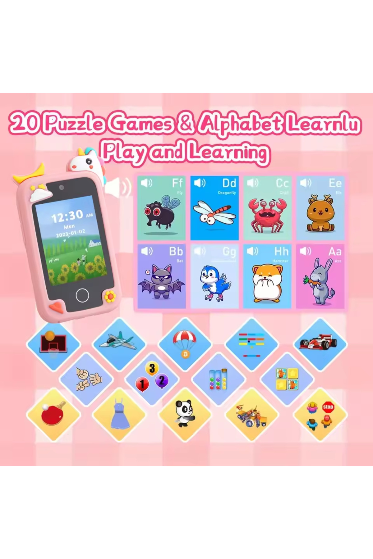 صورتی با ۸ گیگابایت AMORUS اسباب‌بازی‌های هوشمند تلفن همراه برای کودکان، عروسک متحرک کارتونی، پخش‌کننده MP3، دوربین دیجیتال برای دختر