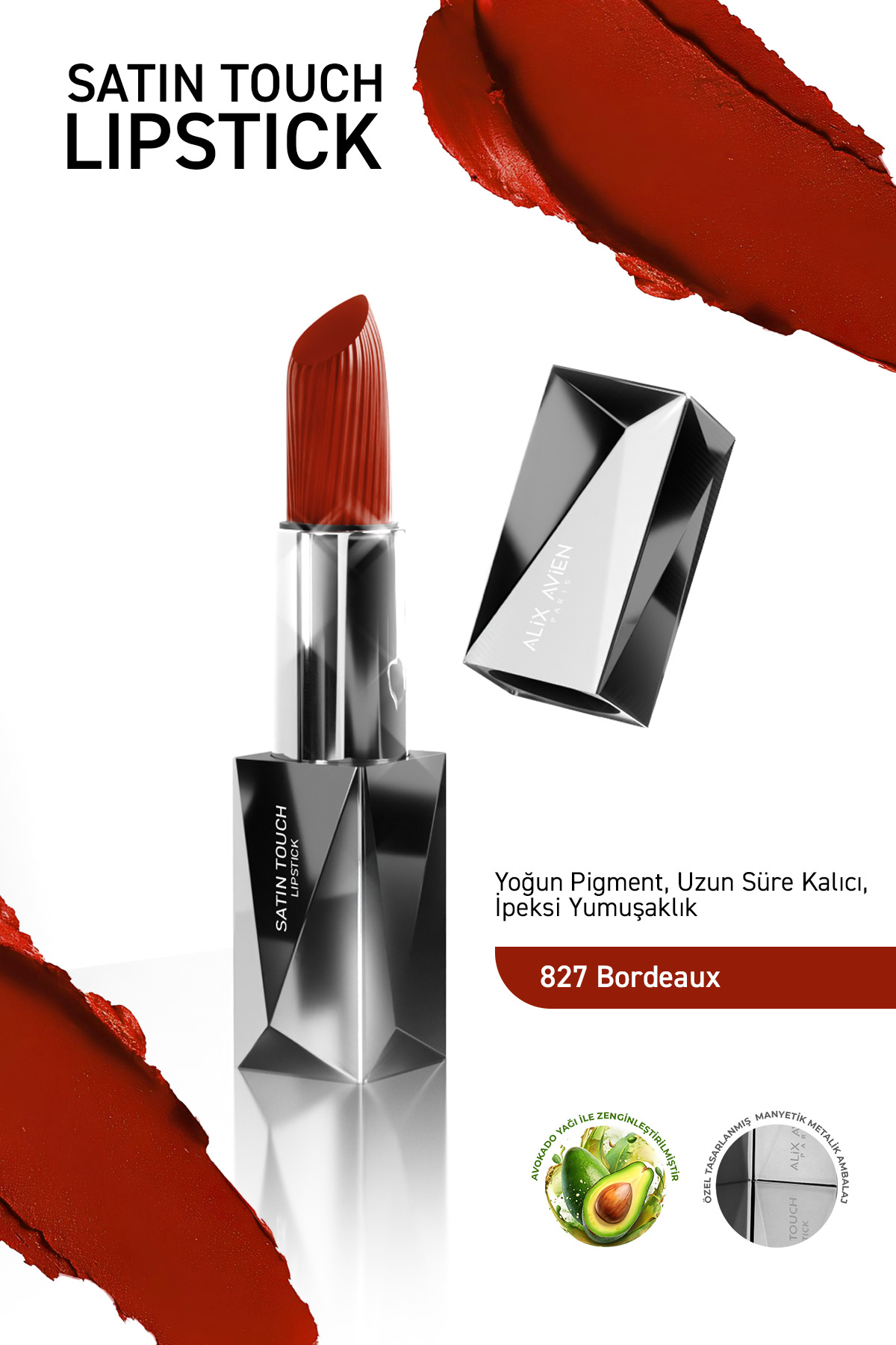 Alix Avien Uzun Süre Kalıcı Nemlendirici Pürüzsüz Etkili Yarı Mat Ruj - Satin Touch Lipstick 827 Bordeaux — قرمز SATINTOUCH