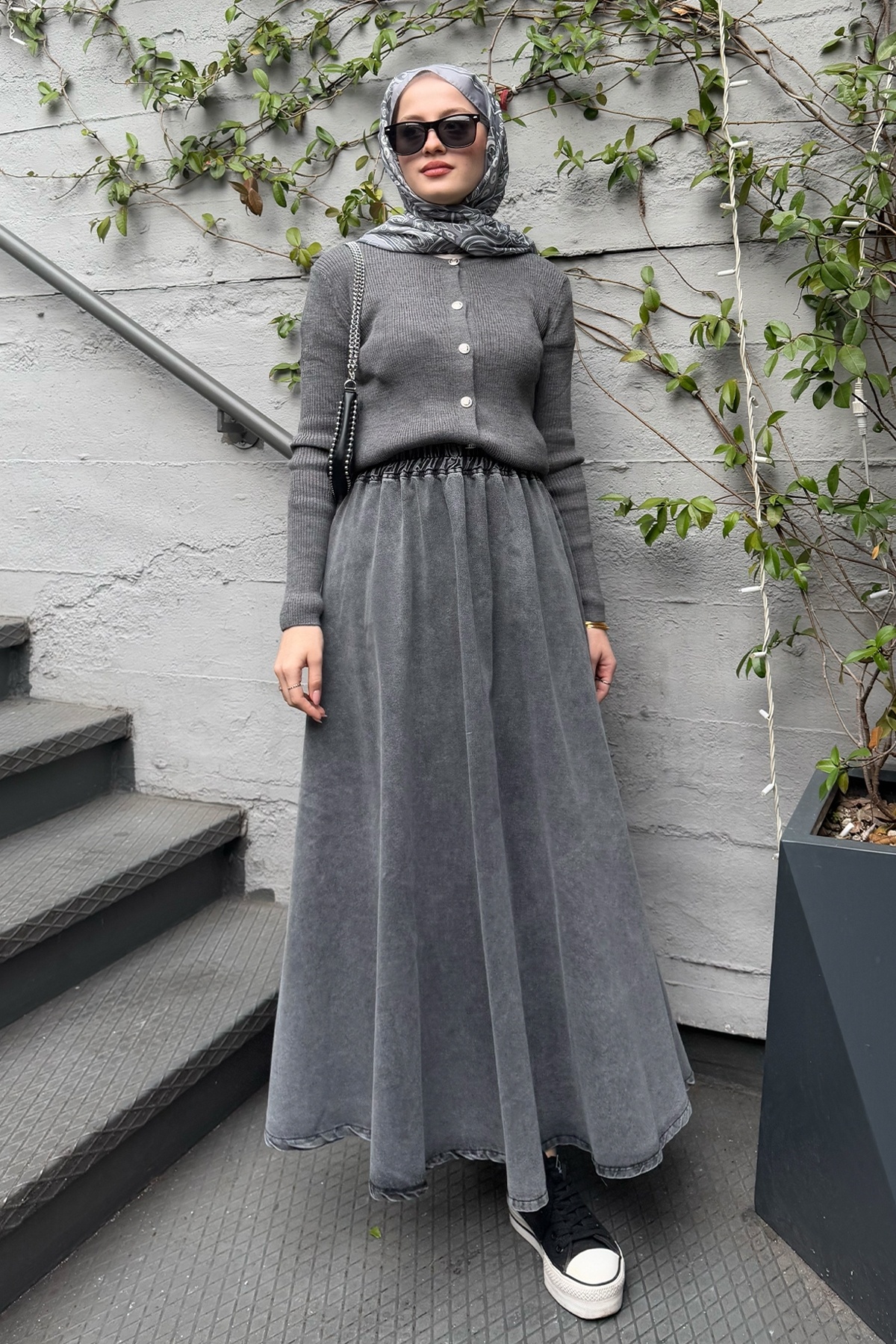 InStyle Beli Lastikli Gri Kot Etek