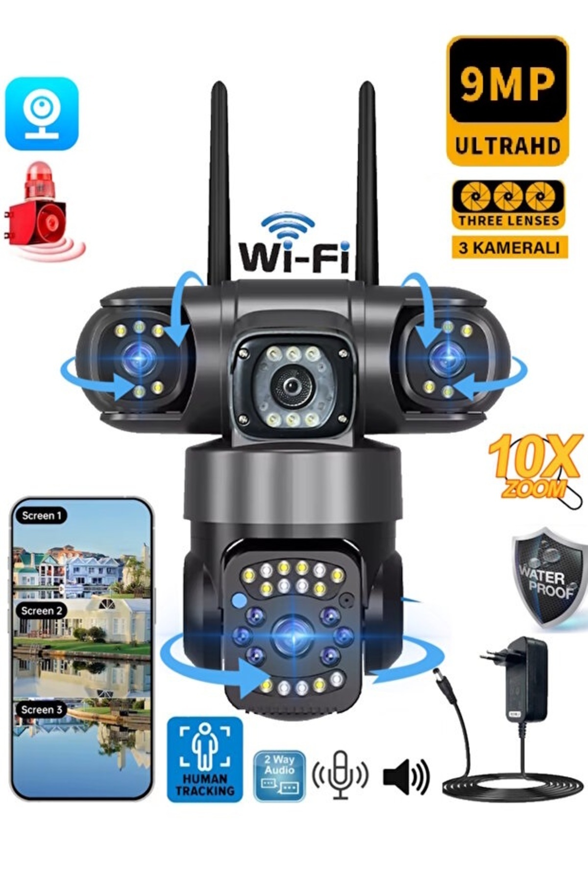 SLTECH 6030pro WİFİ 9MP ( 3 ) Kameralı 10X Zoom Yapay Zeka Sirenli Renkli Gece Görüşlü