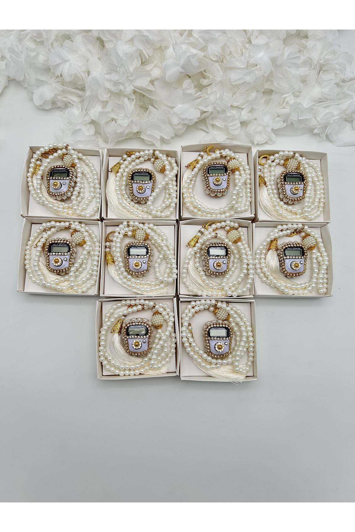 lenagiftworkshop 10 Adet Mevlid-hac-umre Hediyelik Beyaz Taşlı Zikirmatik Ve Tesbih Seti Kutulu