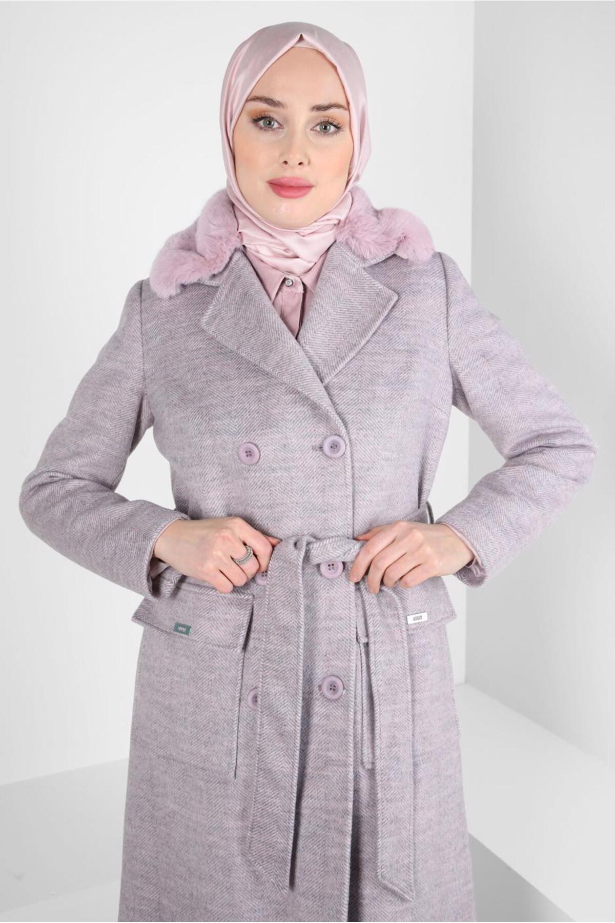 آلوینا پالتو خزدار کمربنددار طرح‌دار ۹۰۴۶۳-۱