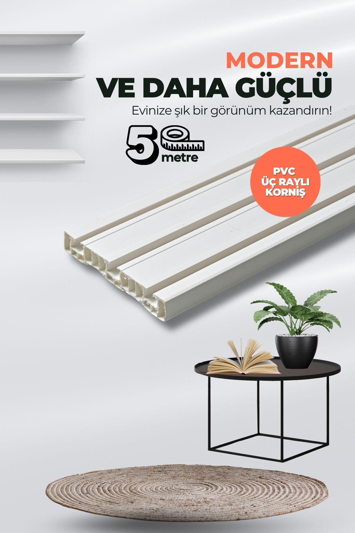Kornişsan 5 Metre 1. Sınıf Polyester Kalın Perdeler Için Tutucu Ray Korniş - Lüks 3 Raylı