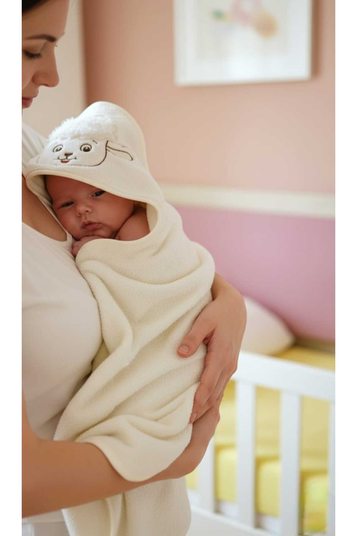 Alpar Tekstil %100 Pamuk Ekstra Yumuşak Kız-Erkek Bebek Banyo Havlu Kundak Ekru/kuzu fotoğrafı 2 (önizleme)