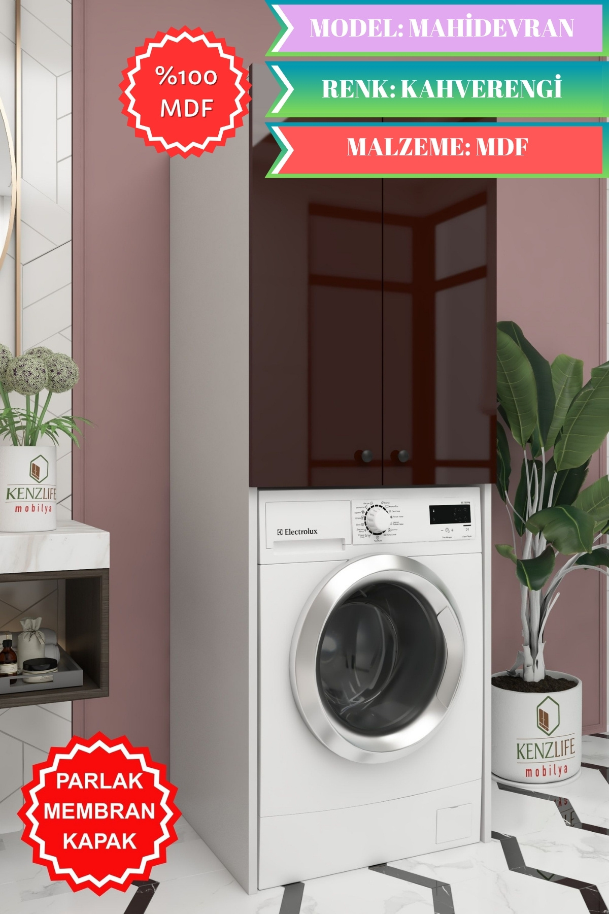 Kenzlife membran çamaşır-kurutma-bulaşık makinesi dolabı mahidevran khvbyz düz 180*70*60 mebran kapak mdf