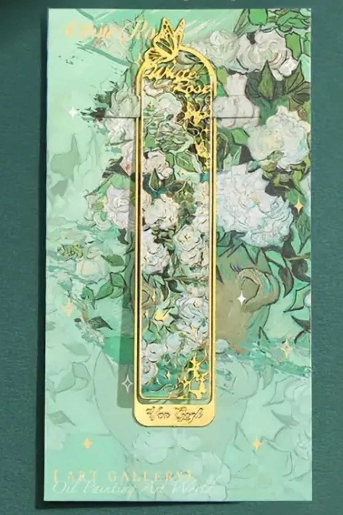 Kolbi Craft Beyaz Güllü Vazo Van Gogh Geçmeli Altın Renk Metal Kitap Ayracı Hediyelik Sanatsal